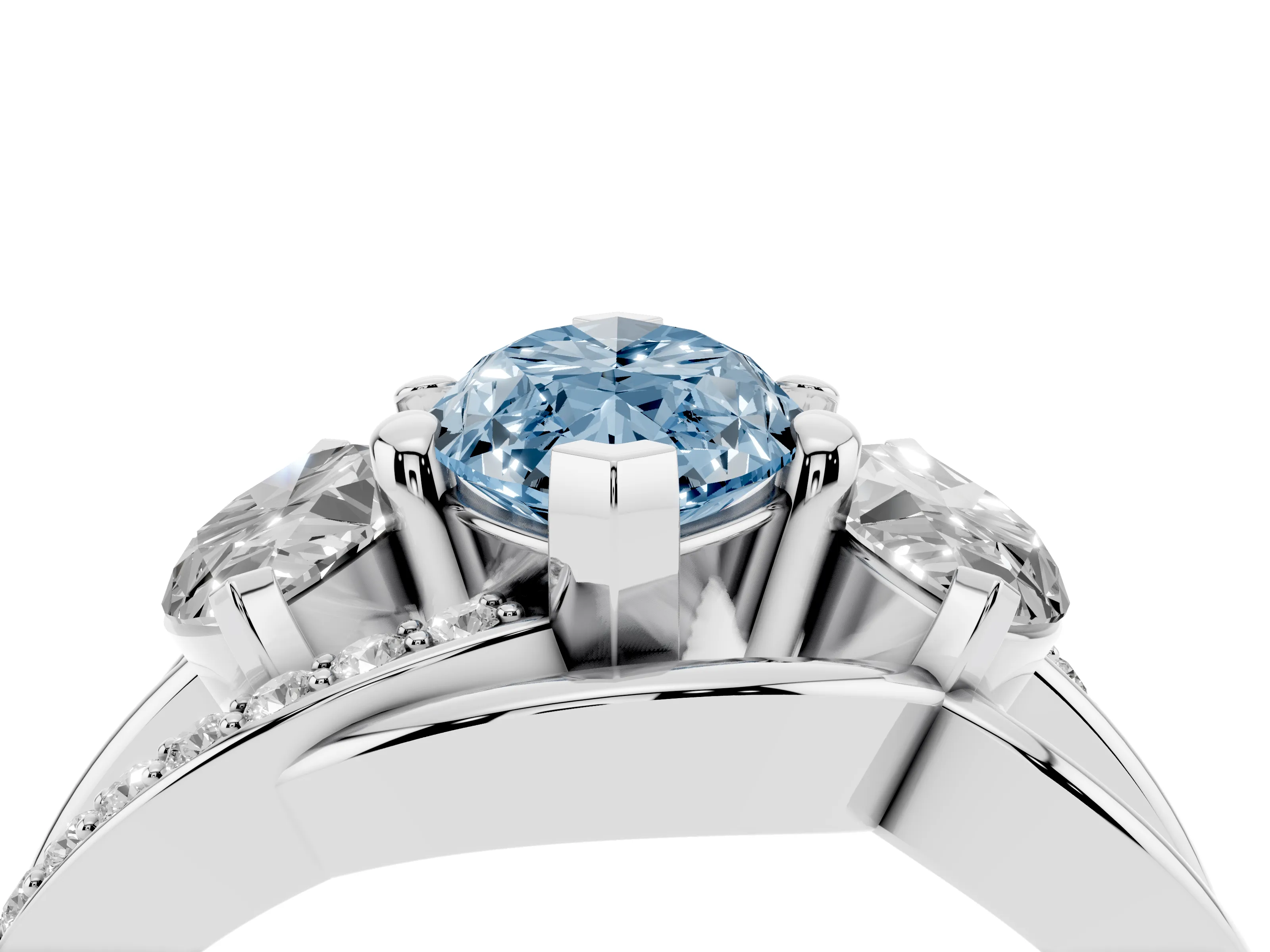 Fancy Blue Marquise Cut Diamond Three-Stone Ring Set in Platinum with Split Shank and Prong Setting