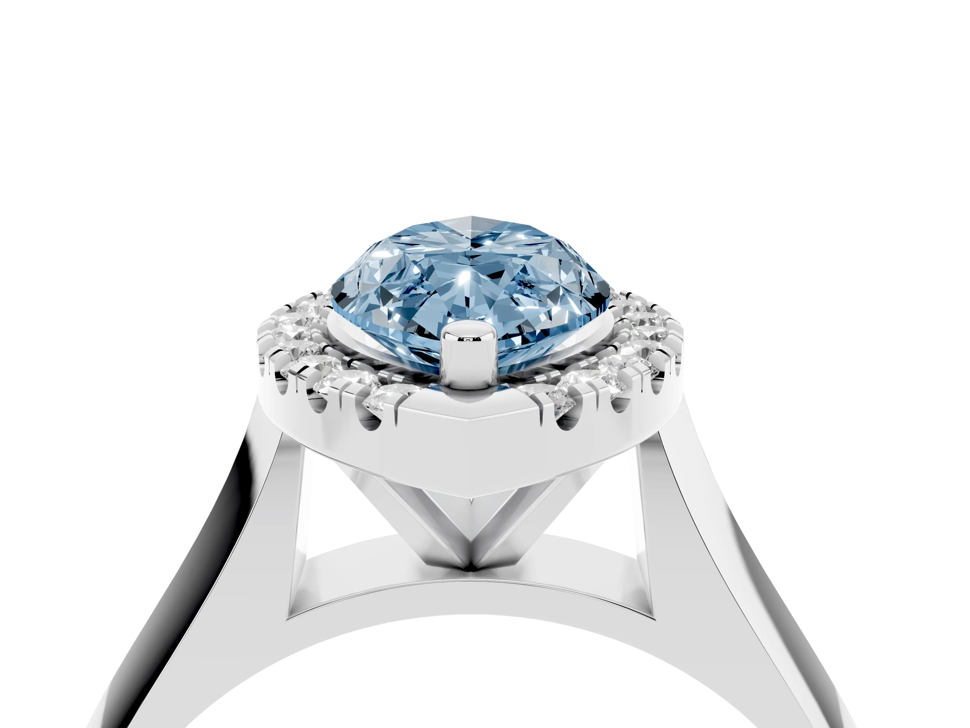 Fancy Blue Marquise Cut Diamond Halo Solitaire Engagement Ring Set in Platinum with Square Band and Prong Setting