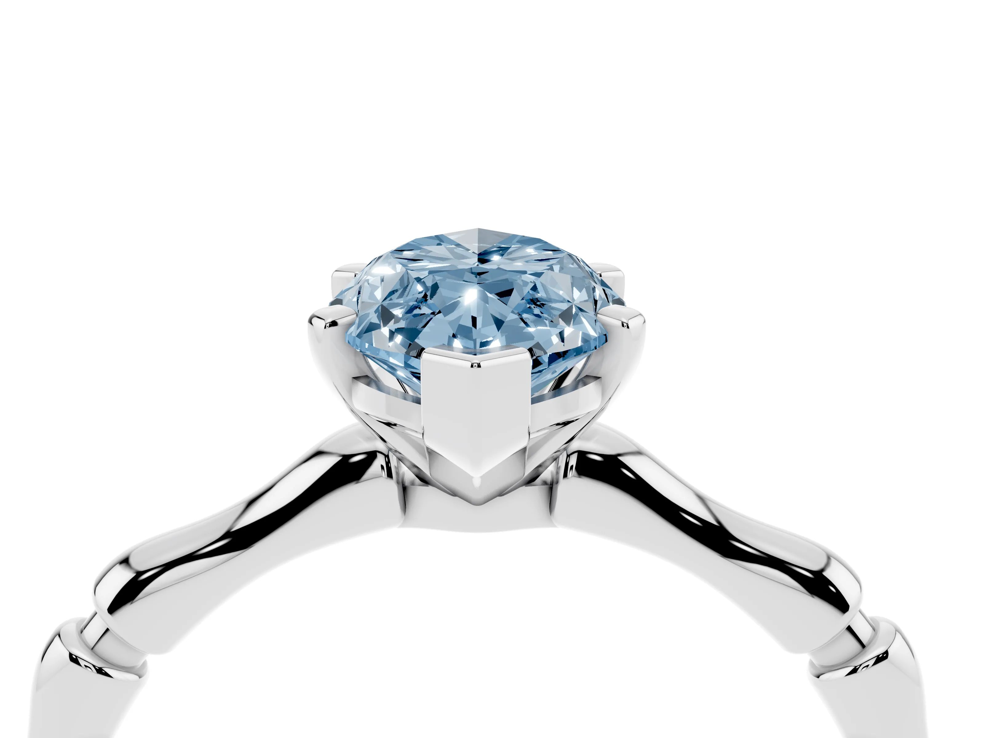Fancy Blue Marquise Cut Diamond Solitaire Ring Set in Silver with Bamboo Band and Prong Setting