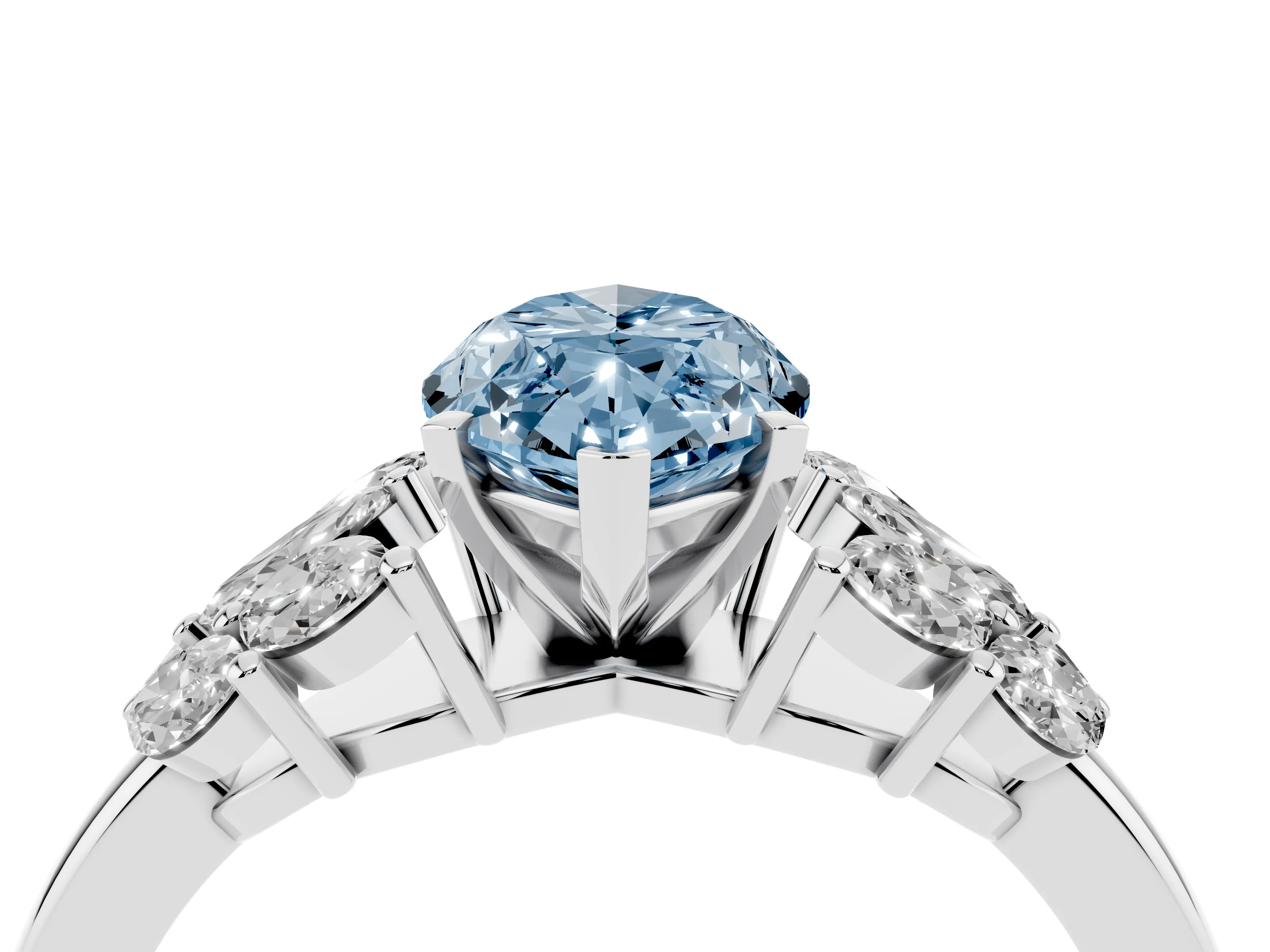 Fancy Blue Marquise Cut Diamond Cluster Leaf Design Ring Set in Platinum with Prong Setting
