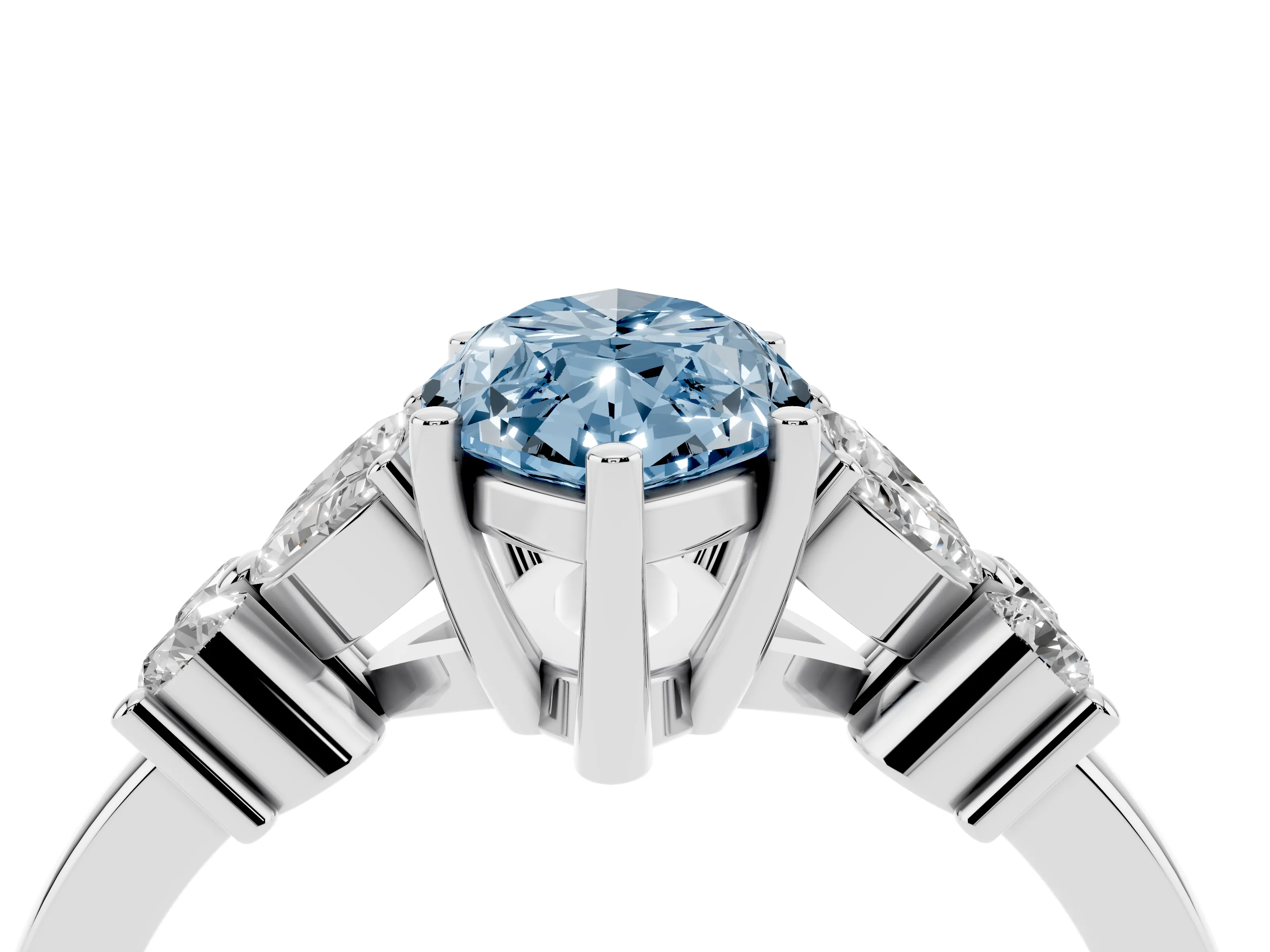 Fancy Blue Marquise Cut Diamond Floral Cluster Ring Set in Silver with Marquise Petals and Prong Setting