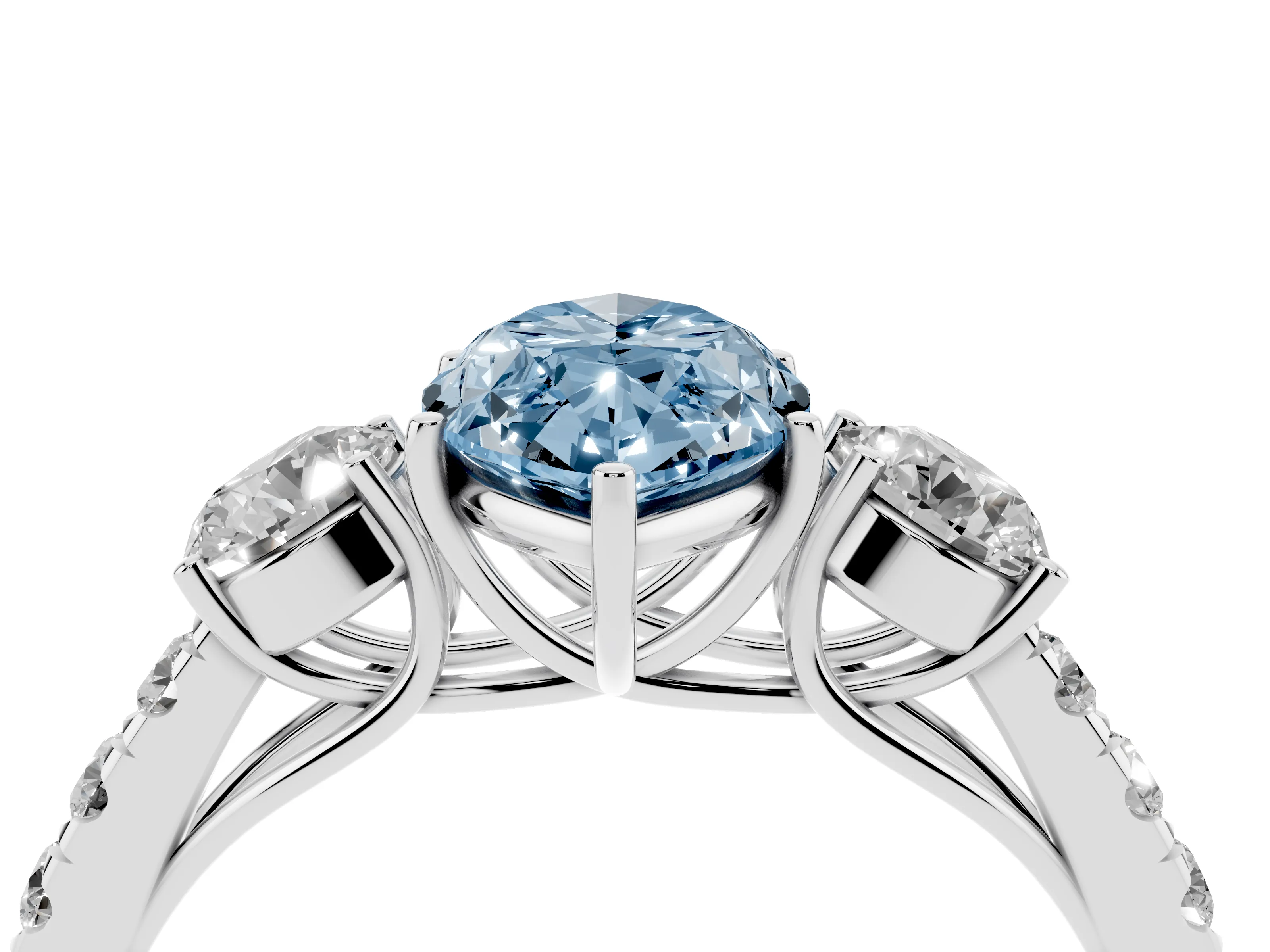 Fancy Blue Marquise Cut Diamond Three-Stone Ring Set in Platinum with Round Side Stones and Delicate Pavé Band
