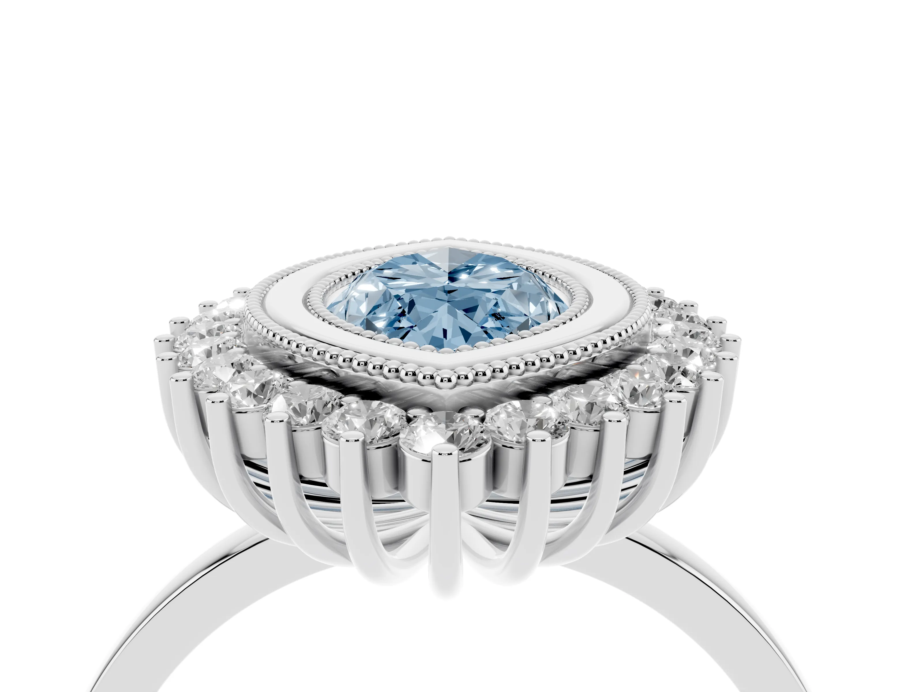 Fancy Blue Marquise Cut Diamond Halo Ring Set in Platinum with Milgrain Edge and Round Prong Setting