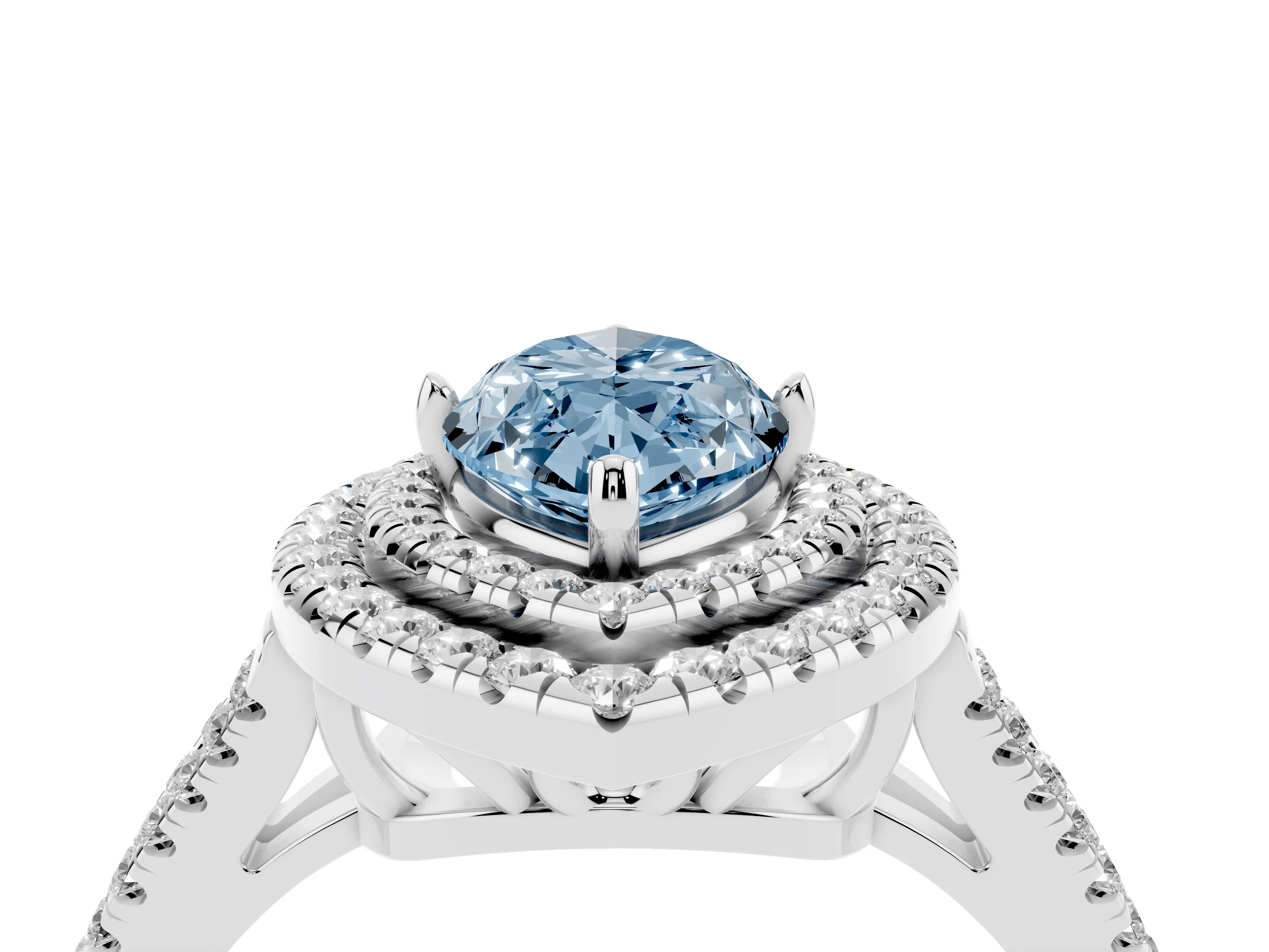Fancy Blue Marquise Cut Diamond Double Halo Ring Set in Silver with Pavé Band