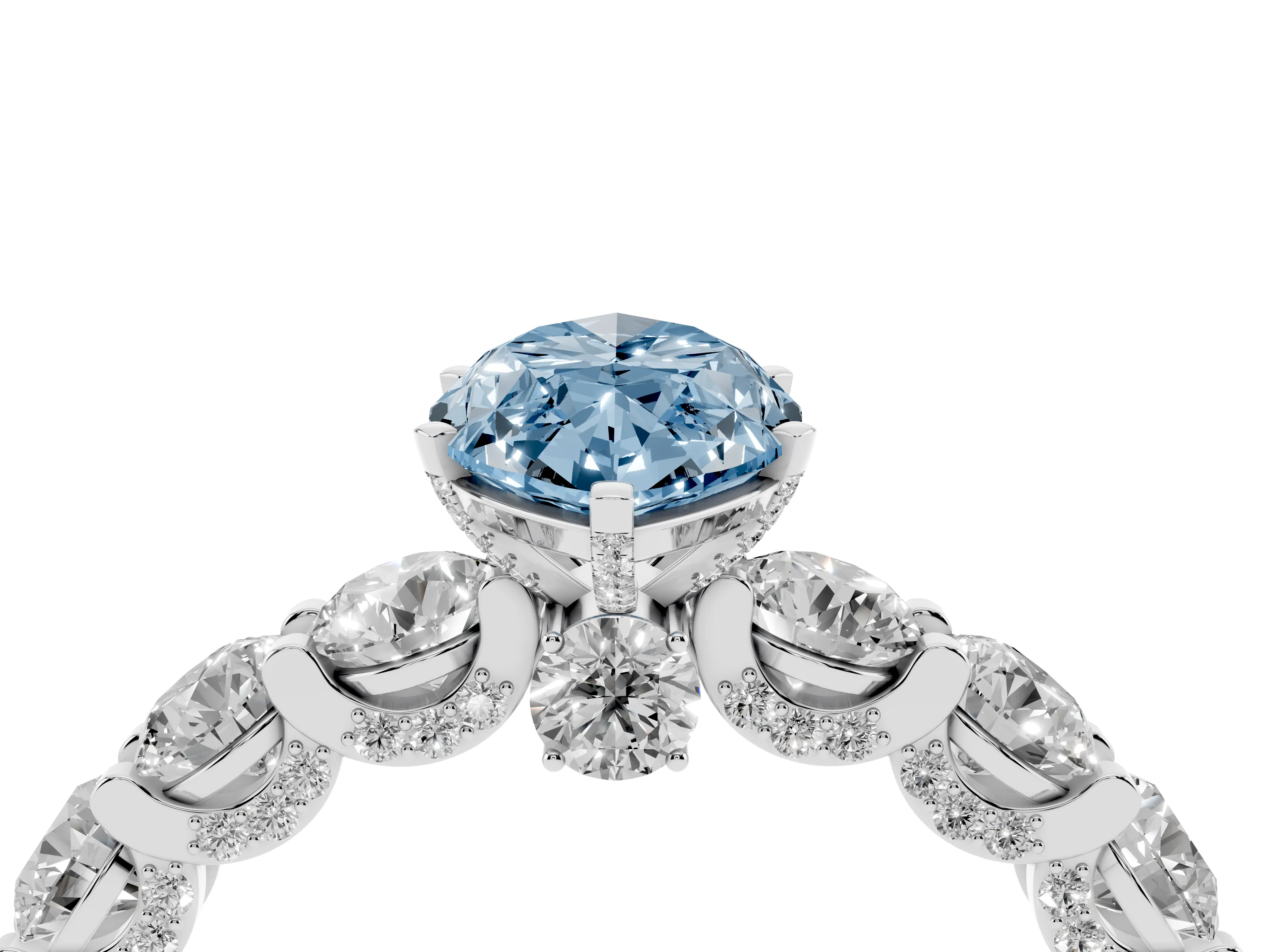 Fancy Blue Marquise Cut Diamond Side Stone Ring Set in Silver with Alternating Round and Oval Side Stones