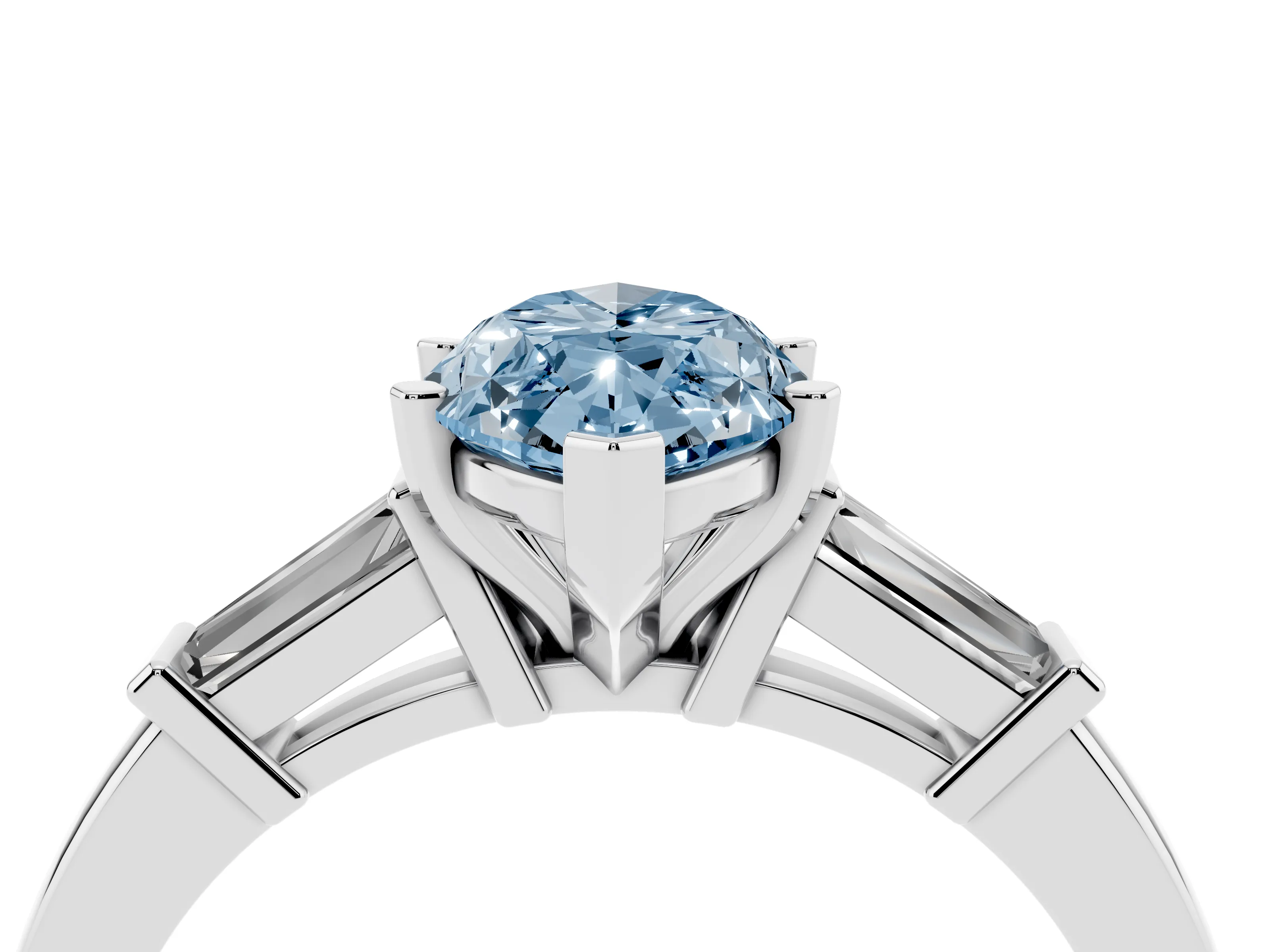 Fancy Blue Marquise Cut Diamond Solitaire Ring Set in White gold with Tapered Baguette Accents and Prong Setting