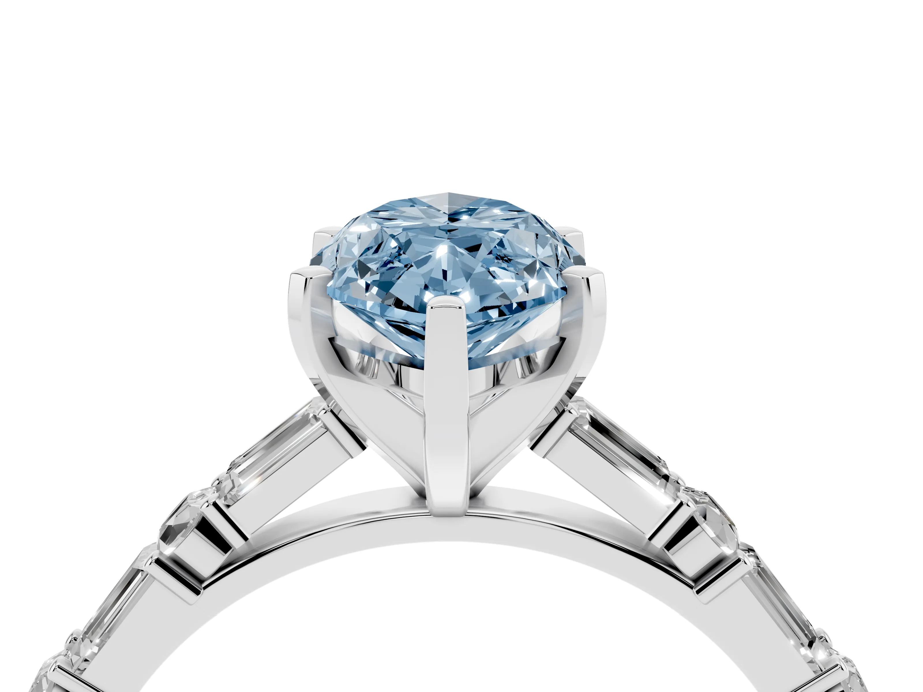Fancy Blue Marquise Cut Diamond Solitaire Set in Silver with Side Baguettes and Channel Set Band