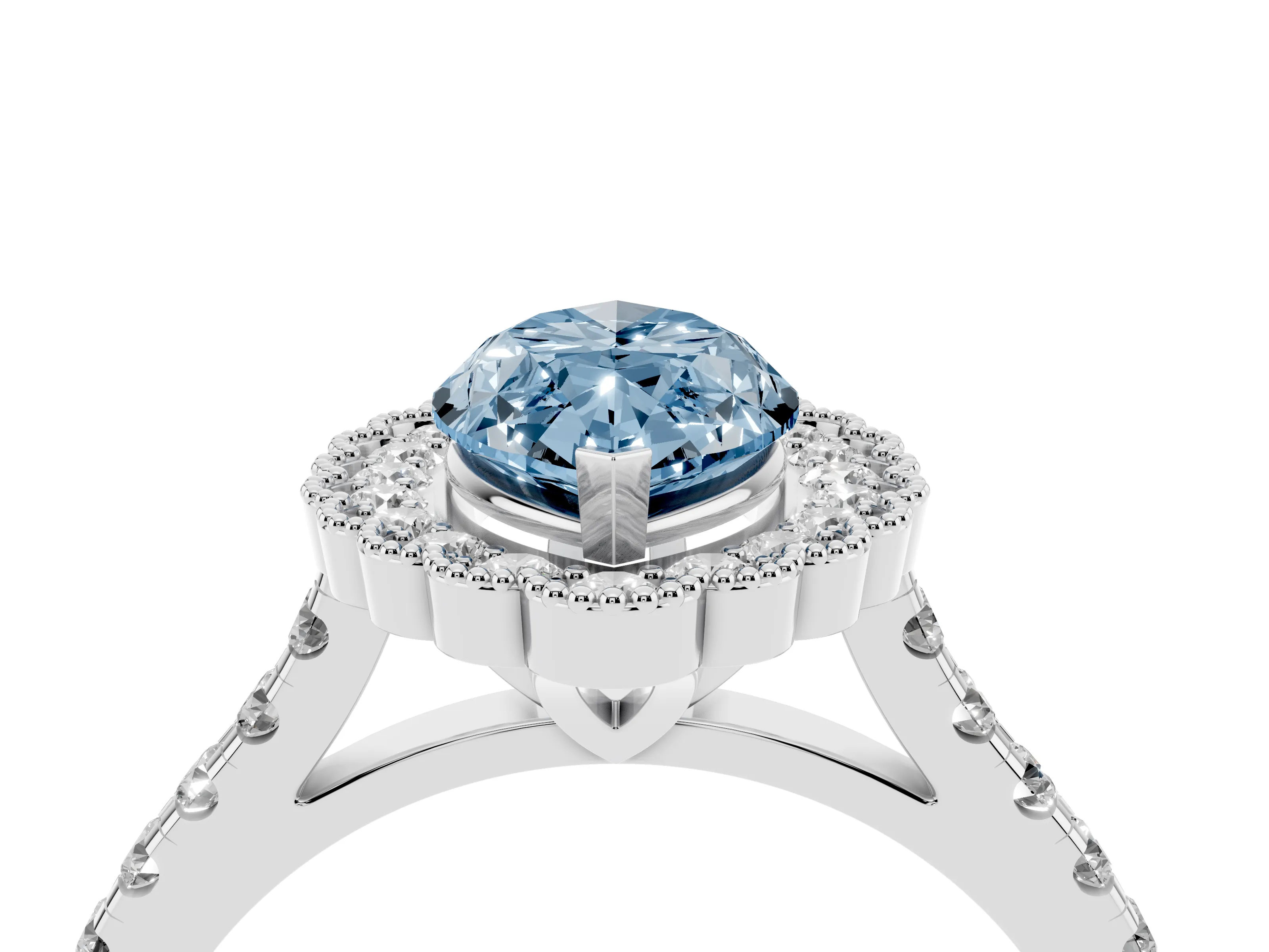 Fancy Blue Marquise Cut Diamond Milgrain Floral Halo Engagement Ring Set in White gold with Pavé Band