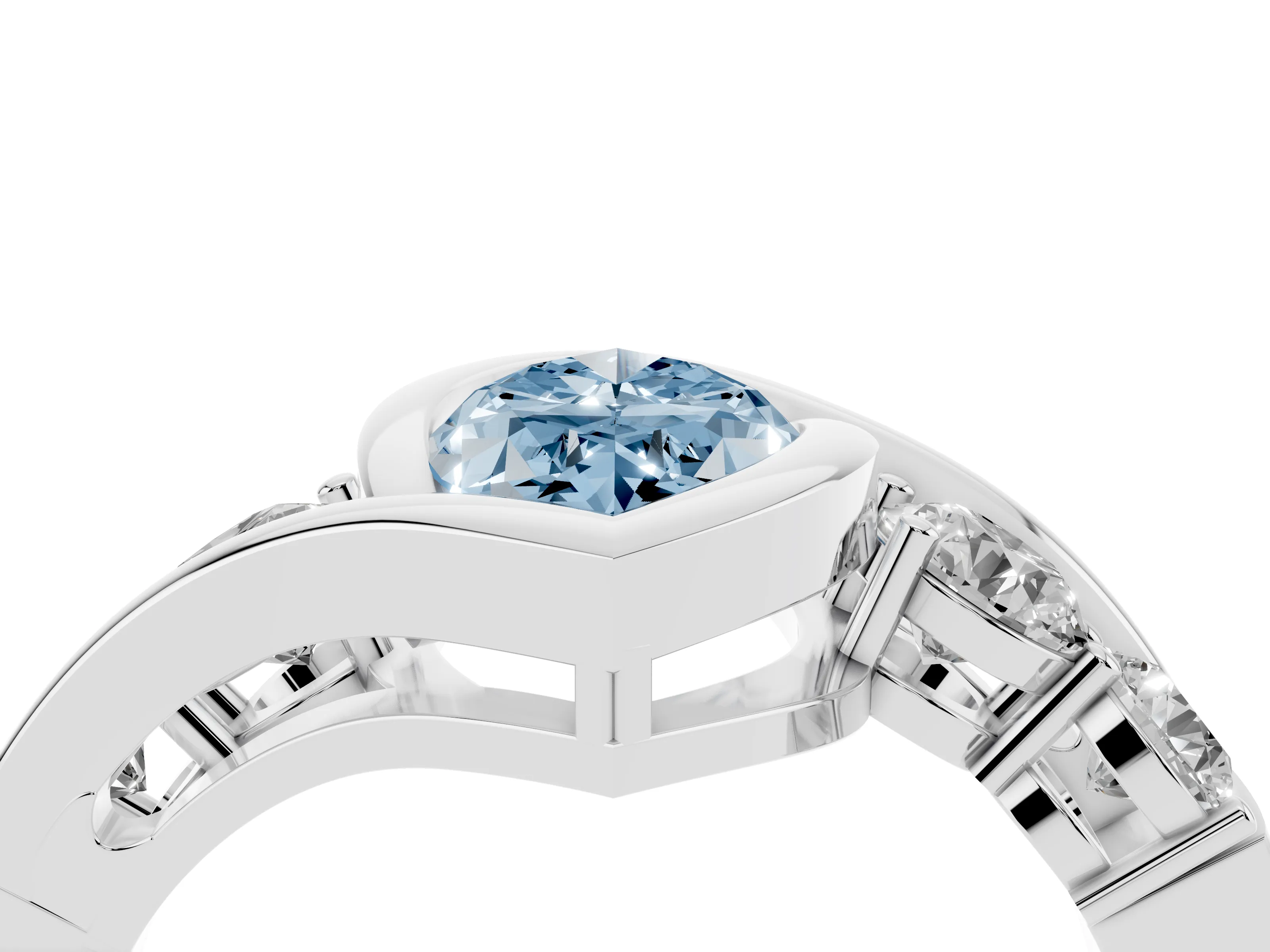 Fancy Blue Marquise Cut Diamond Bezel Bypass Ring Set in Platinum with Round Accents