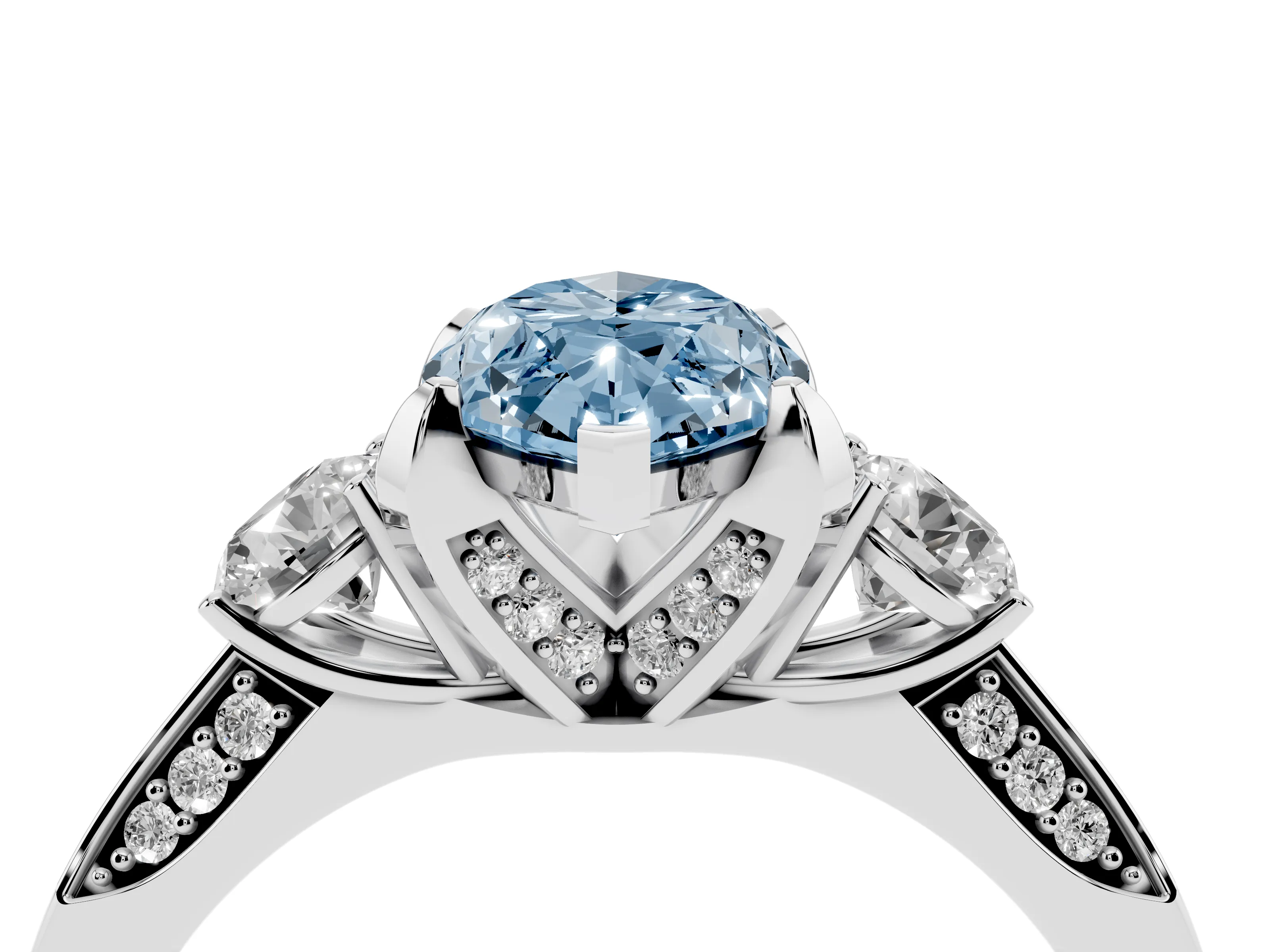 Fancy Blue Marquise Cut Diamond Three-Stone Ring Set in White gold with Pavé Band and Smaller Side Stones
