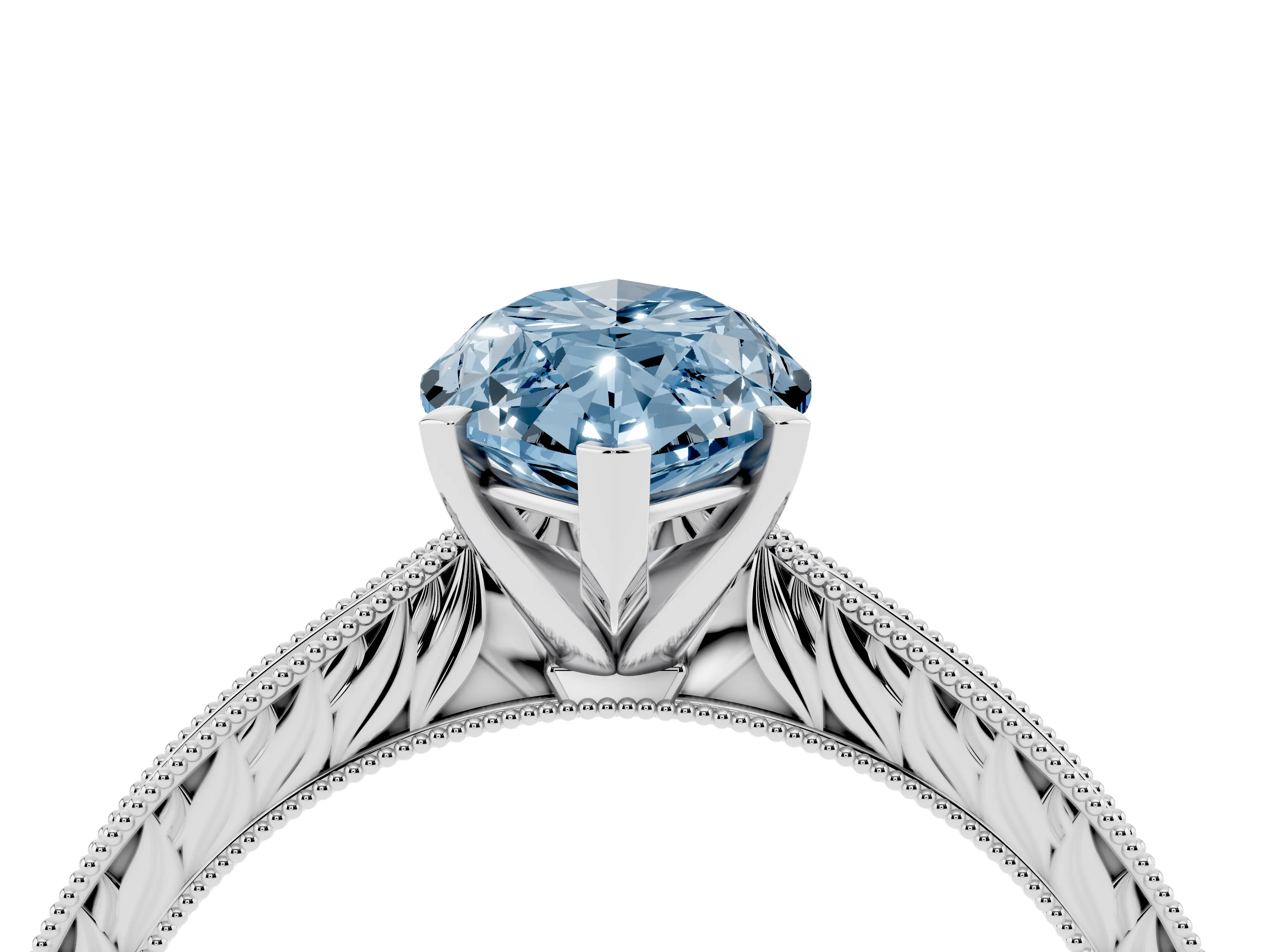 Fancy Blue Marquise Cut Diamond Solitaire Milgrain Engraved Band Set in White gold with Prong Setting