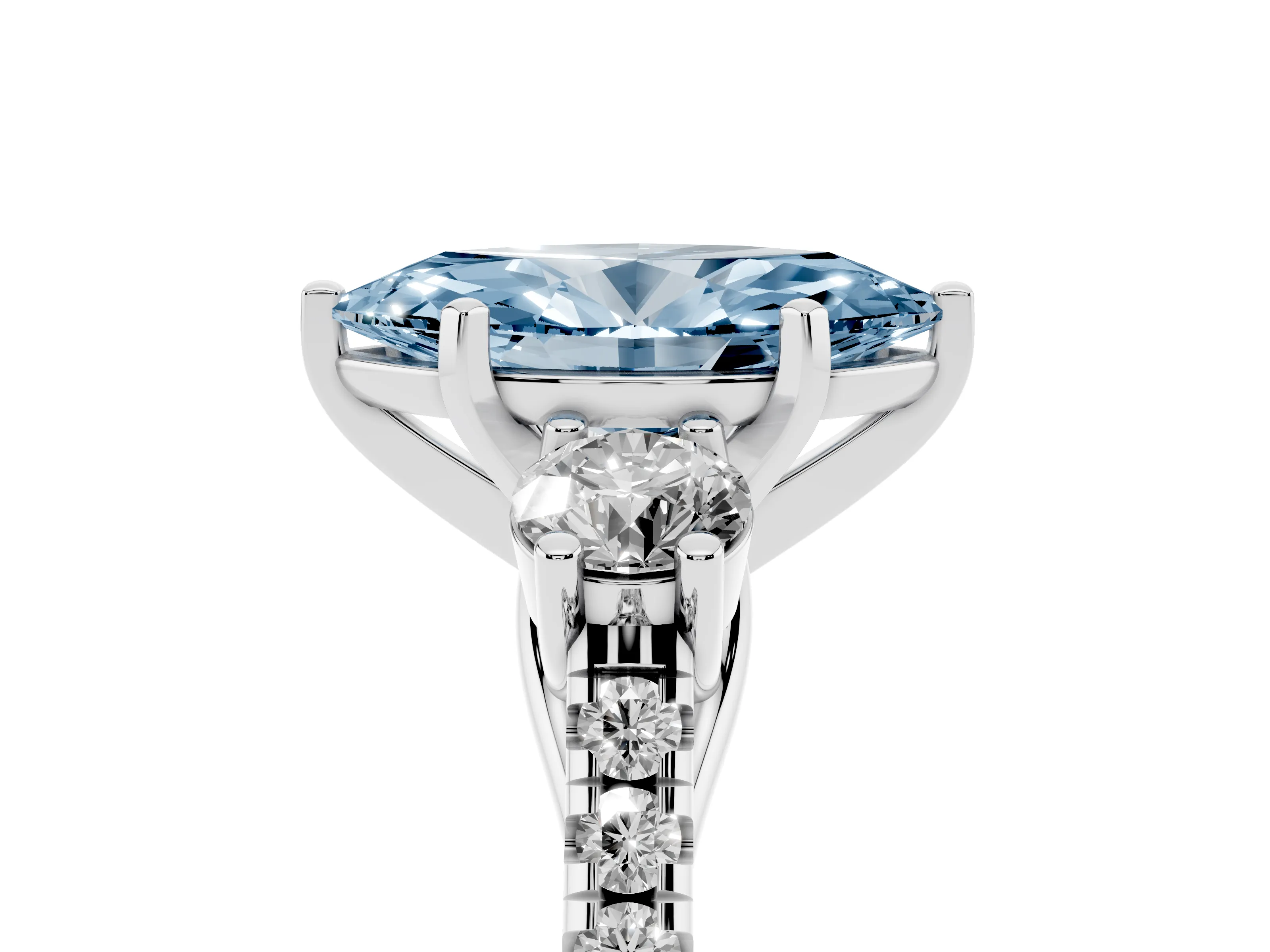 Fancy Blue Three-Stone Marquise Cut Diamond Pavé Band Ring Set in Silver with Prong-Set Trio