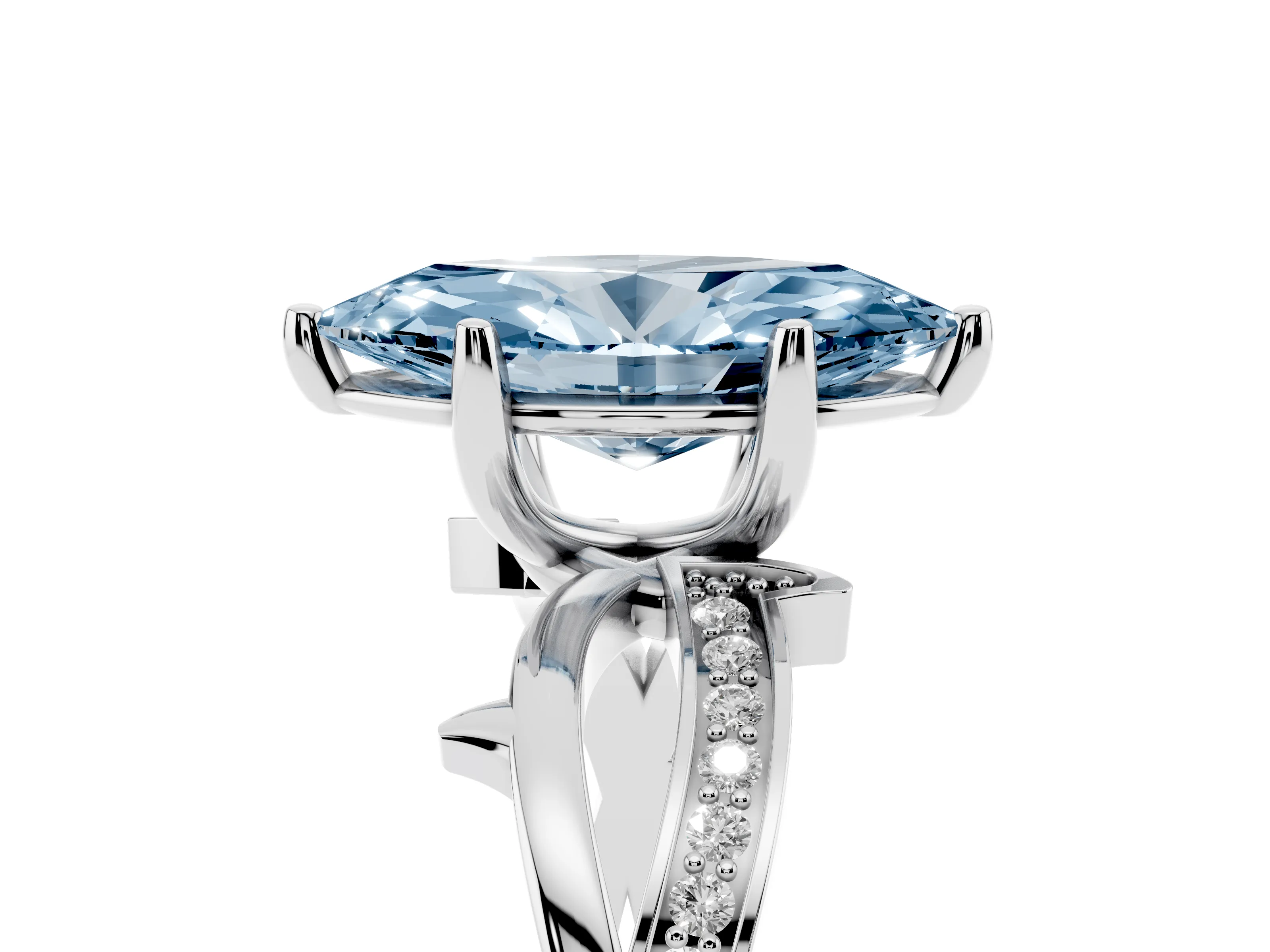 Fancy Blue Marquise Cut Diamond Pavé Twist Band Solitaire Ring Set in Silver with Prong Setting