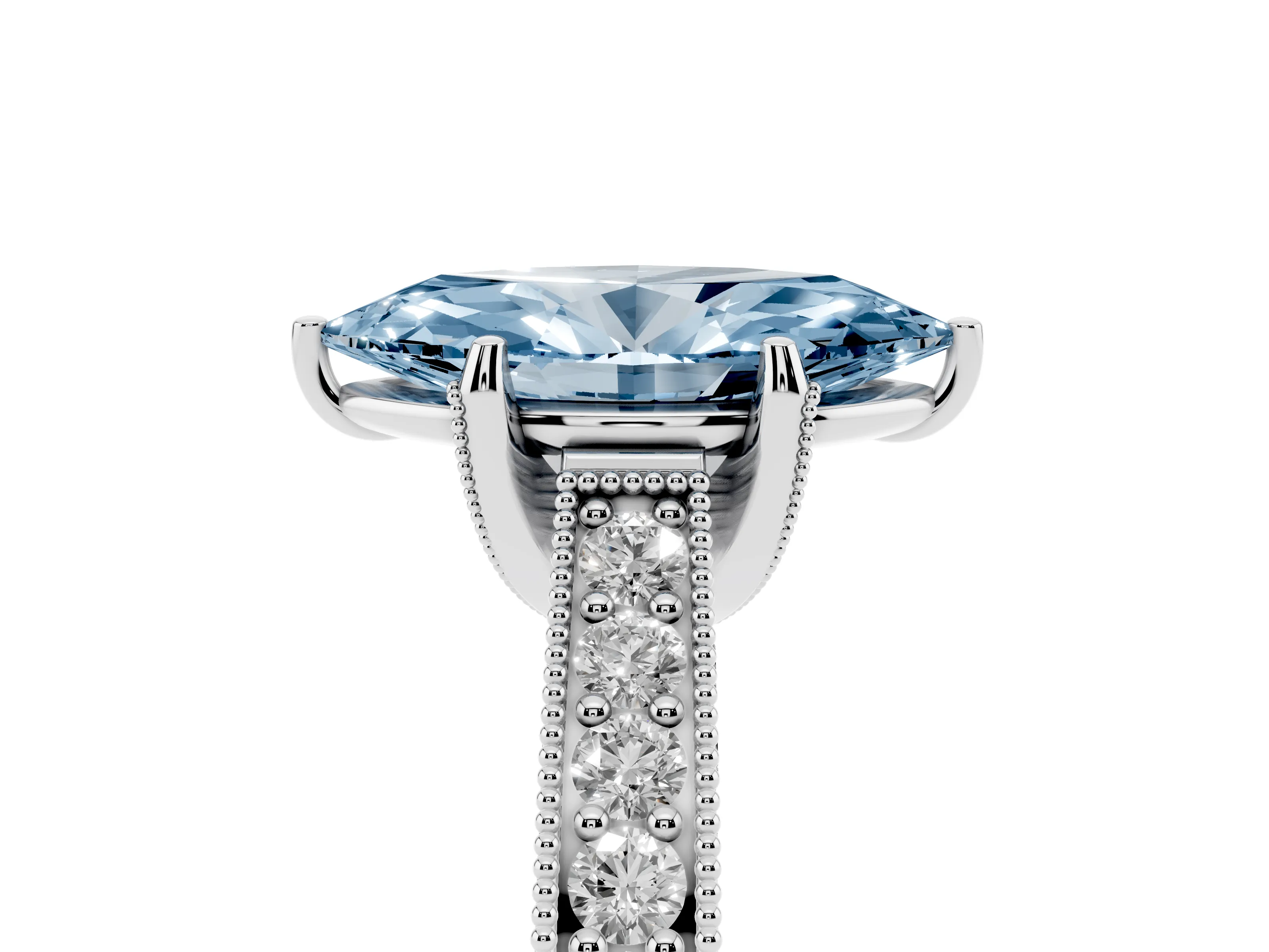 Fancy Blue Marquise Cut Diamond Solitaire Ring Set in Silver with Milgrain-Edged Pavé Band and Prong Setting