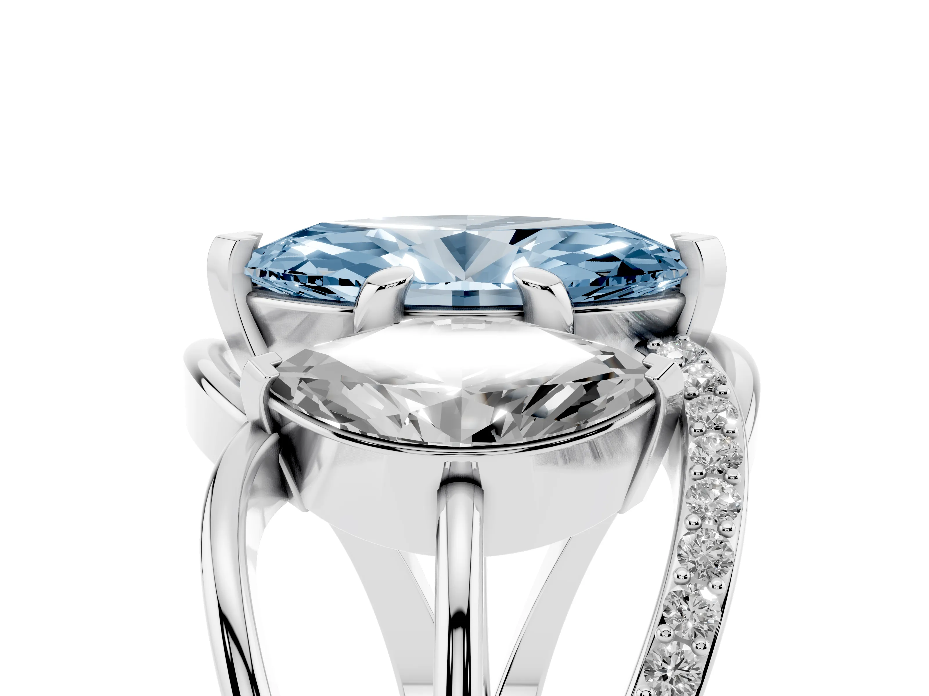 Fancy Blue Marquise Cut Diamond Three-Stone Ring Set in Platinum with Split Shank and Prong Setting