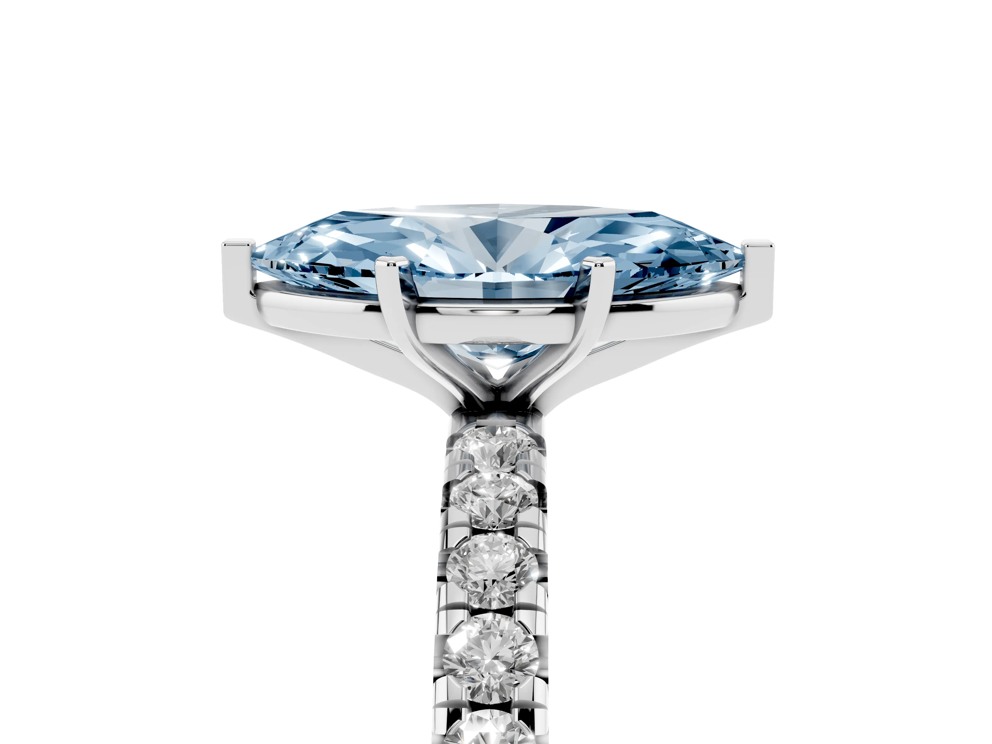 Fancy Blue Marquise Cut Diamond Pavé Solitaire Ring Set in Platinum with Round Band and Prong Setting