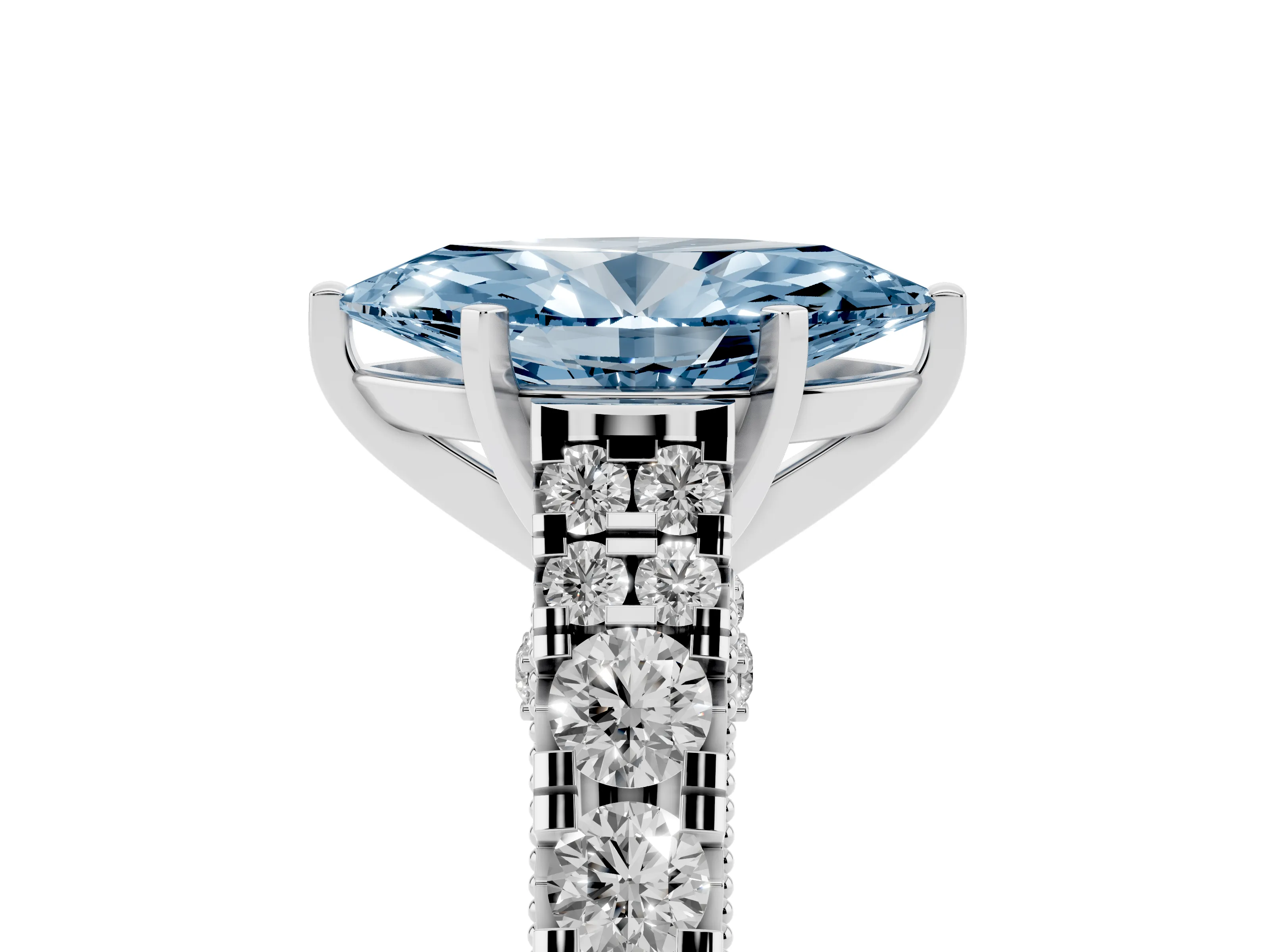 Fancy Blue Marquise Cut Diamond Classic Solitaire Ring Set in White gold with Pavé Band and Prong Setting