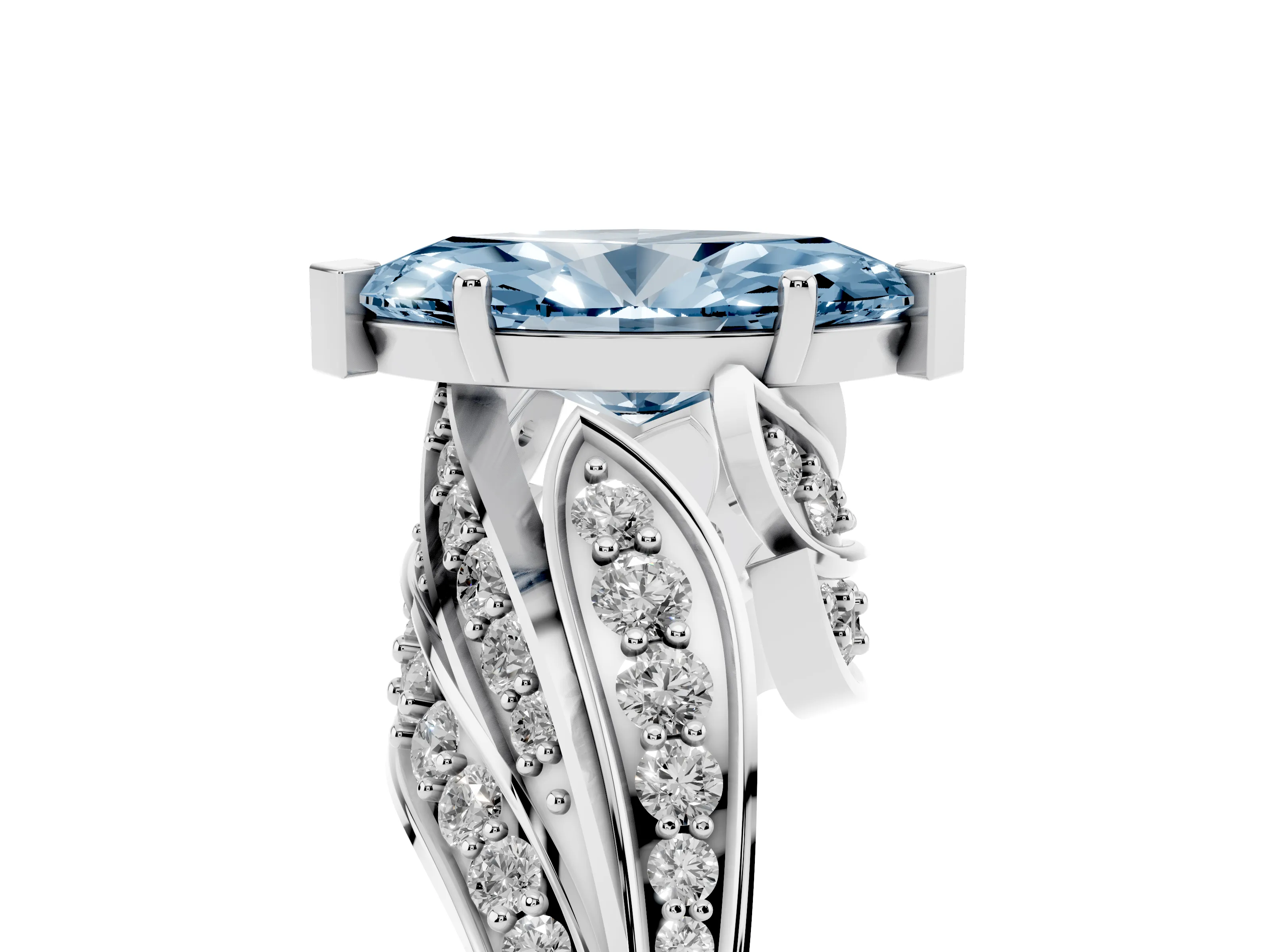 Fancy Blue Marquise Cut Diamond Solitaire Ring Set in Platinum with Layered Twist Pavé Band