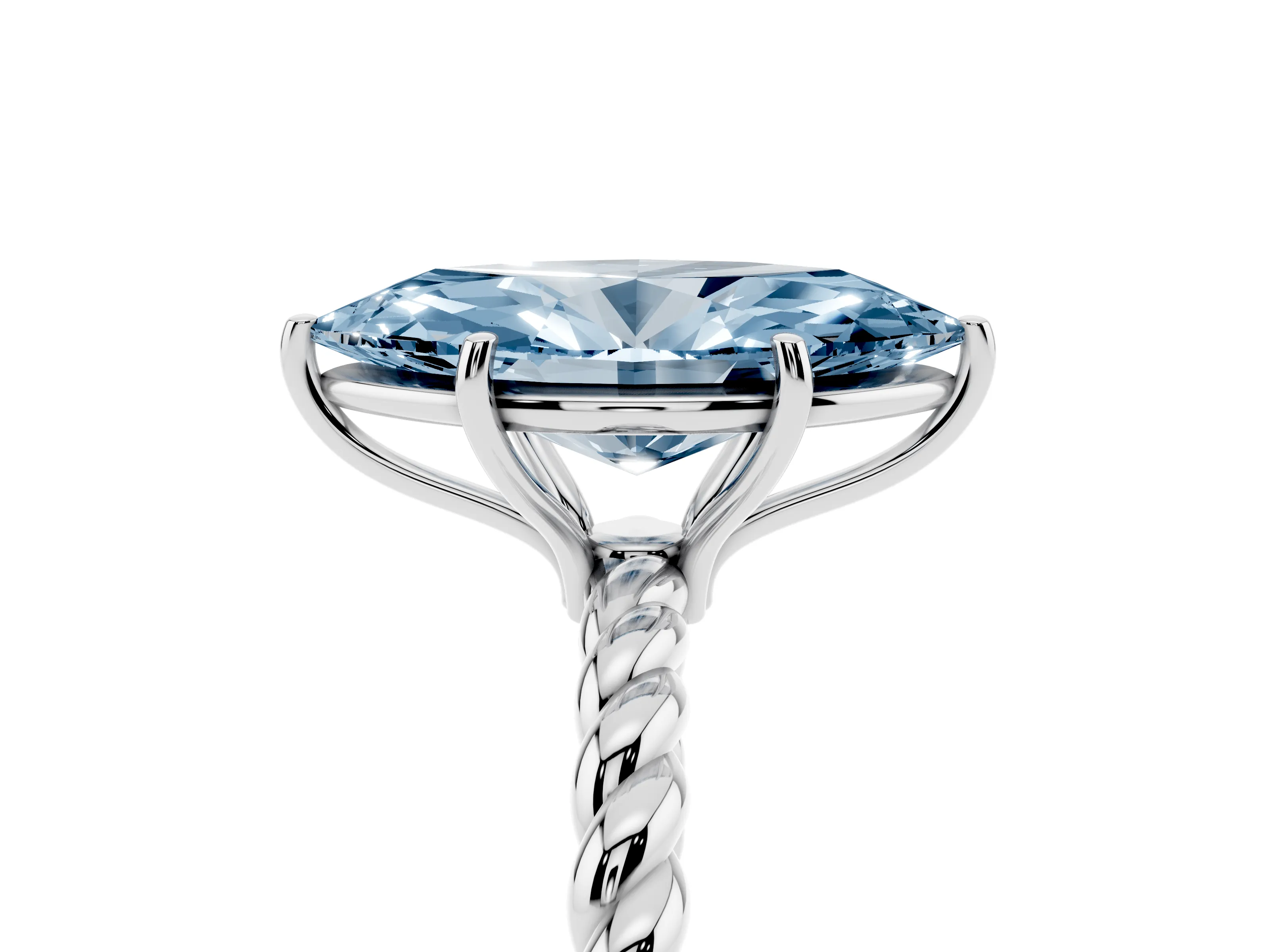 Fancy Blue Marquise Cut Diamond Solitaire Ring Set in Silver with Twist Band and Prong Setting