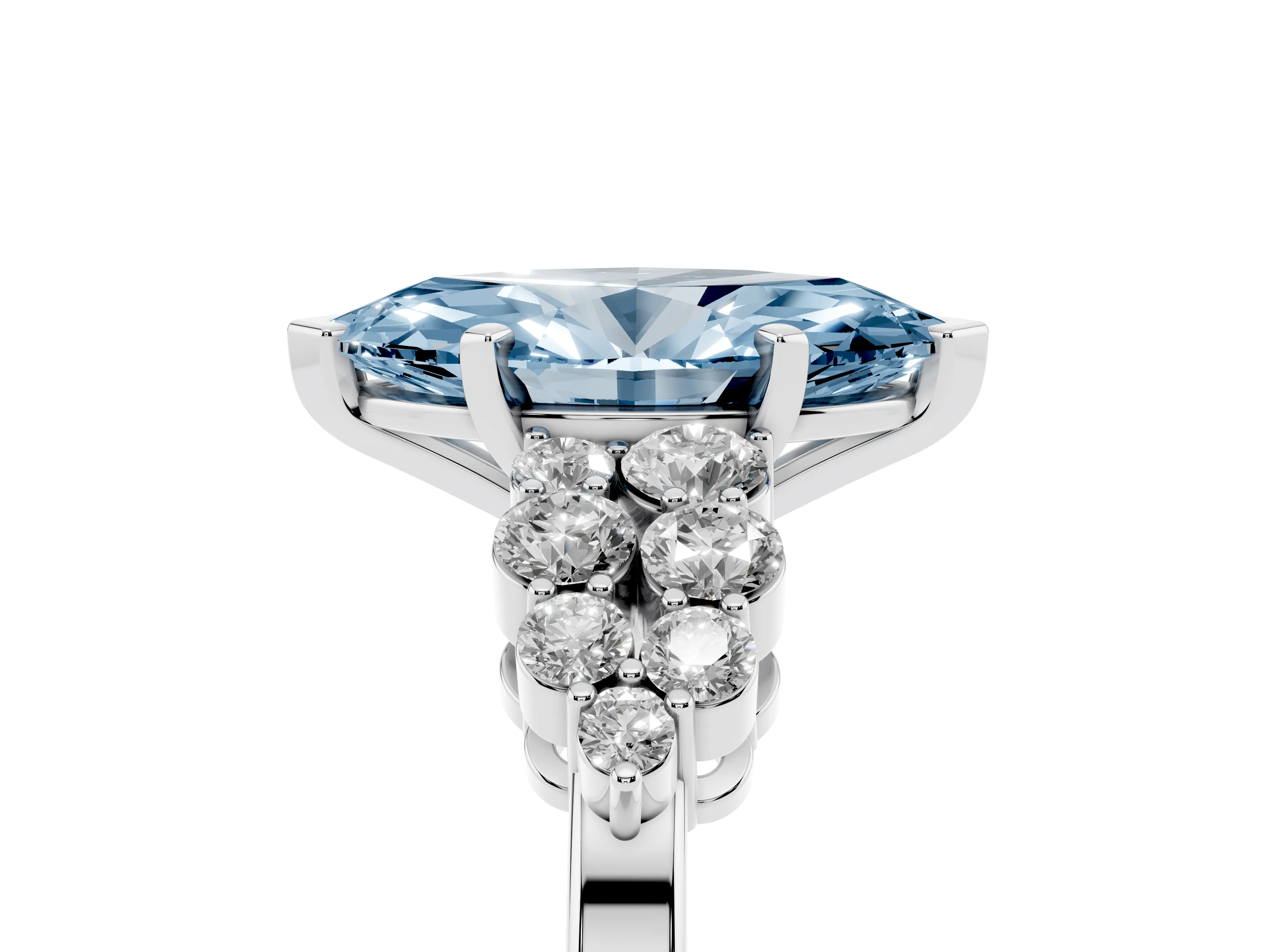 Fancy Blue Marquise Cut Diamond Cluster Engagement Ring Set in Silver with Pavé Band and Prong Setting