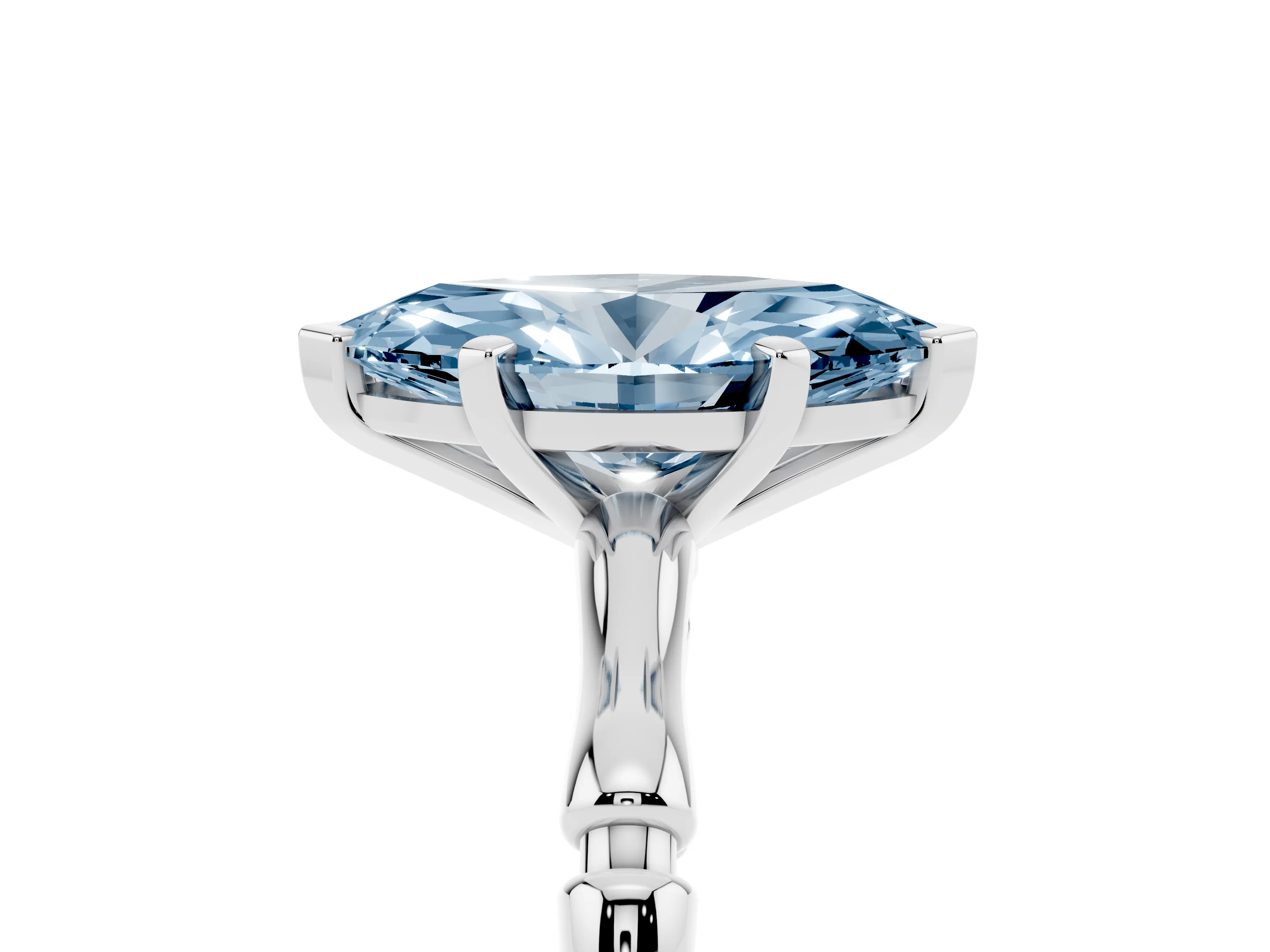 Fancy Blue Marquise Cut Diamond Solitaire Ring Set in Silver with Bamboo Band and Prong Setting