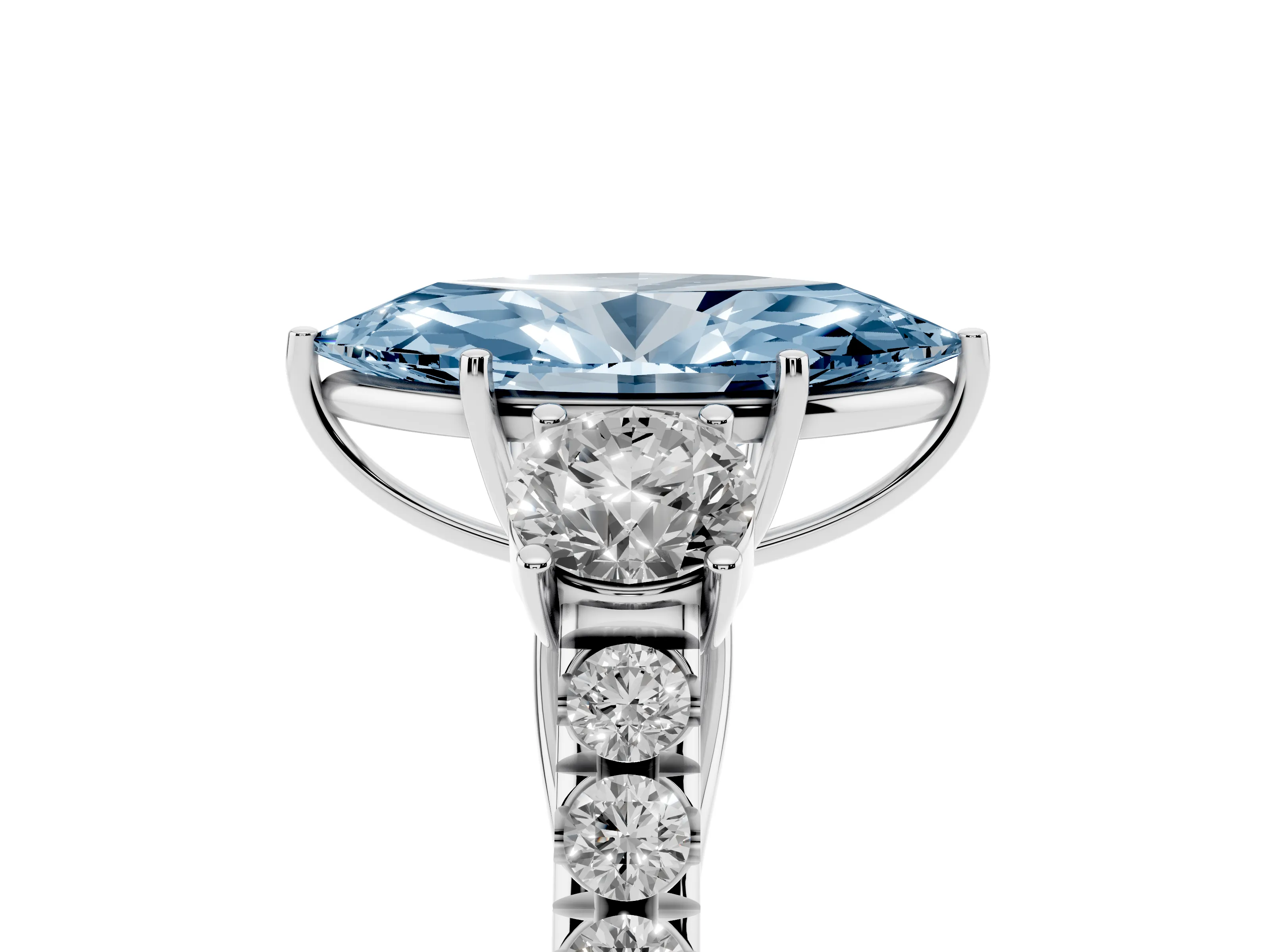 Fancy Blue Marquise Cut Diamond Three-Stone Ring Set in Platinum with Round Side Stones and Delicate Pavé Band