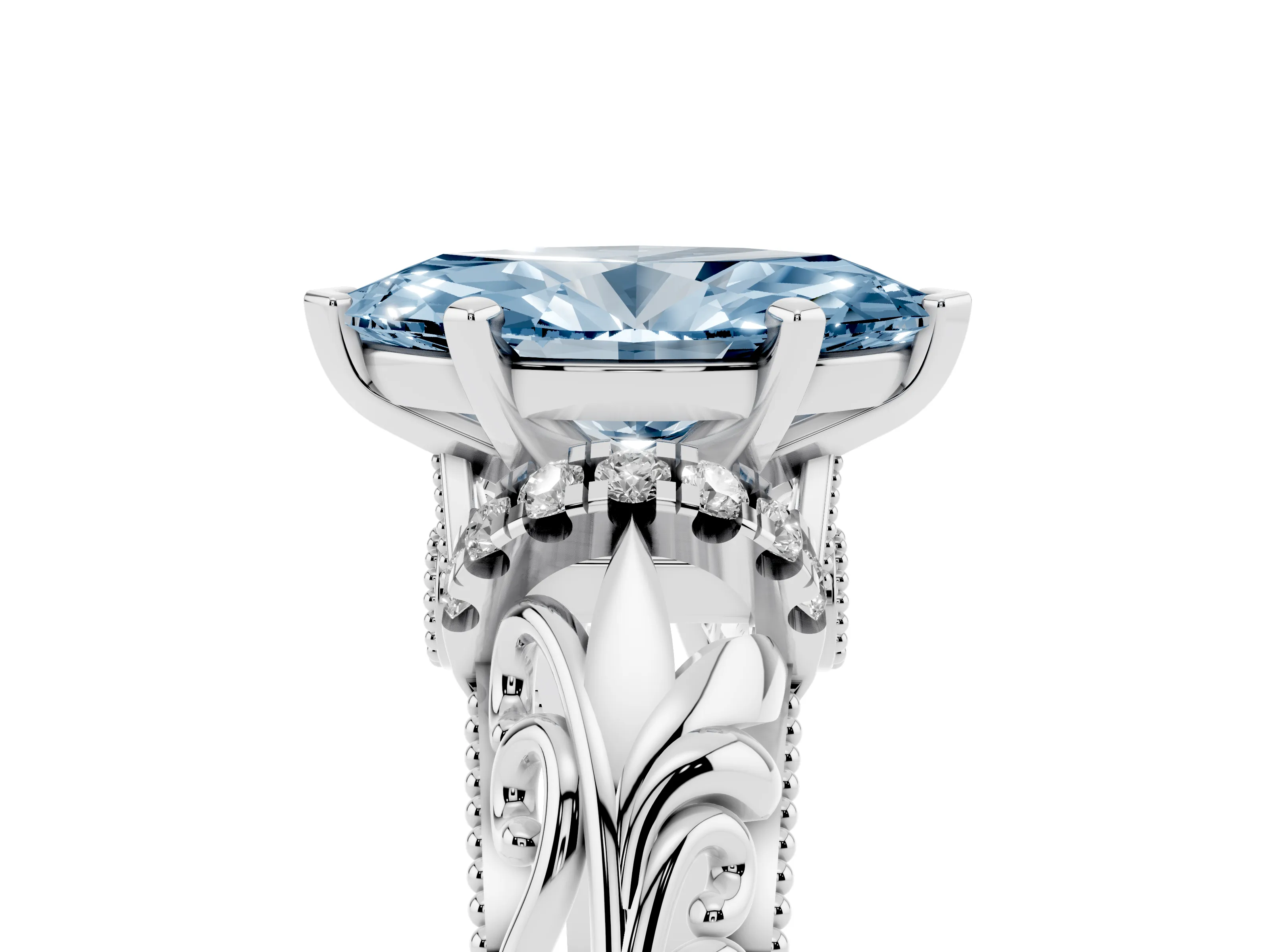Fancy Blue Marquise Cut Diamond Filigree Halo Engagement Ring Set in White gold with Prong Setting
