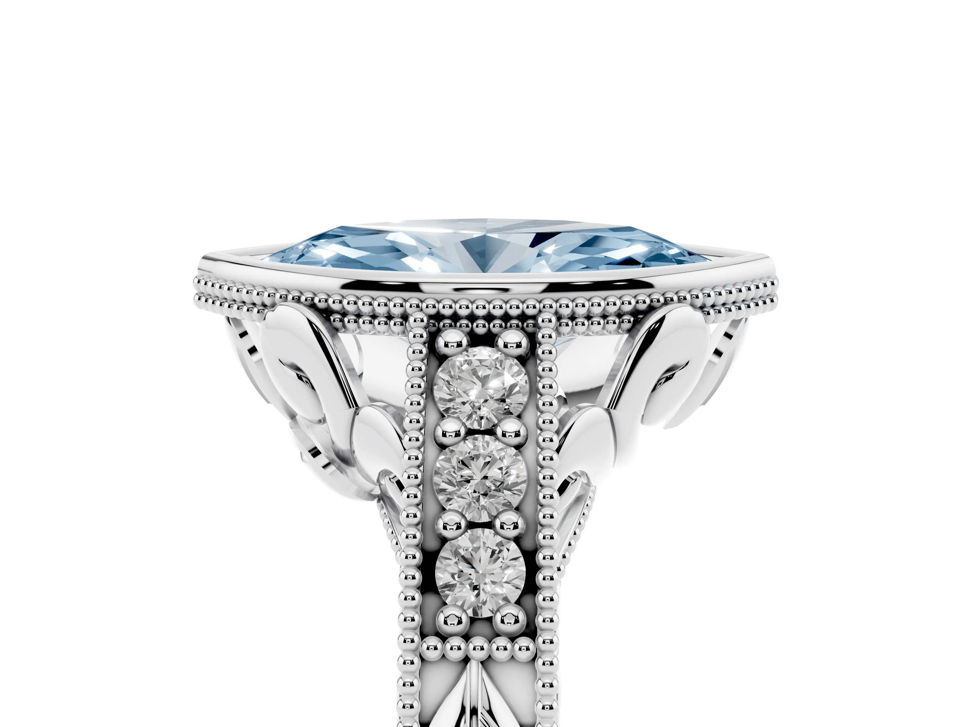 Fancy Blue Bezel Set Marquise Cut Diamond Milgrain Pavé Engagement Ring Set in Silver