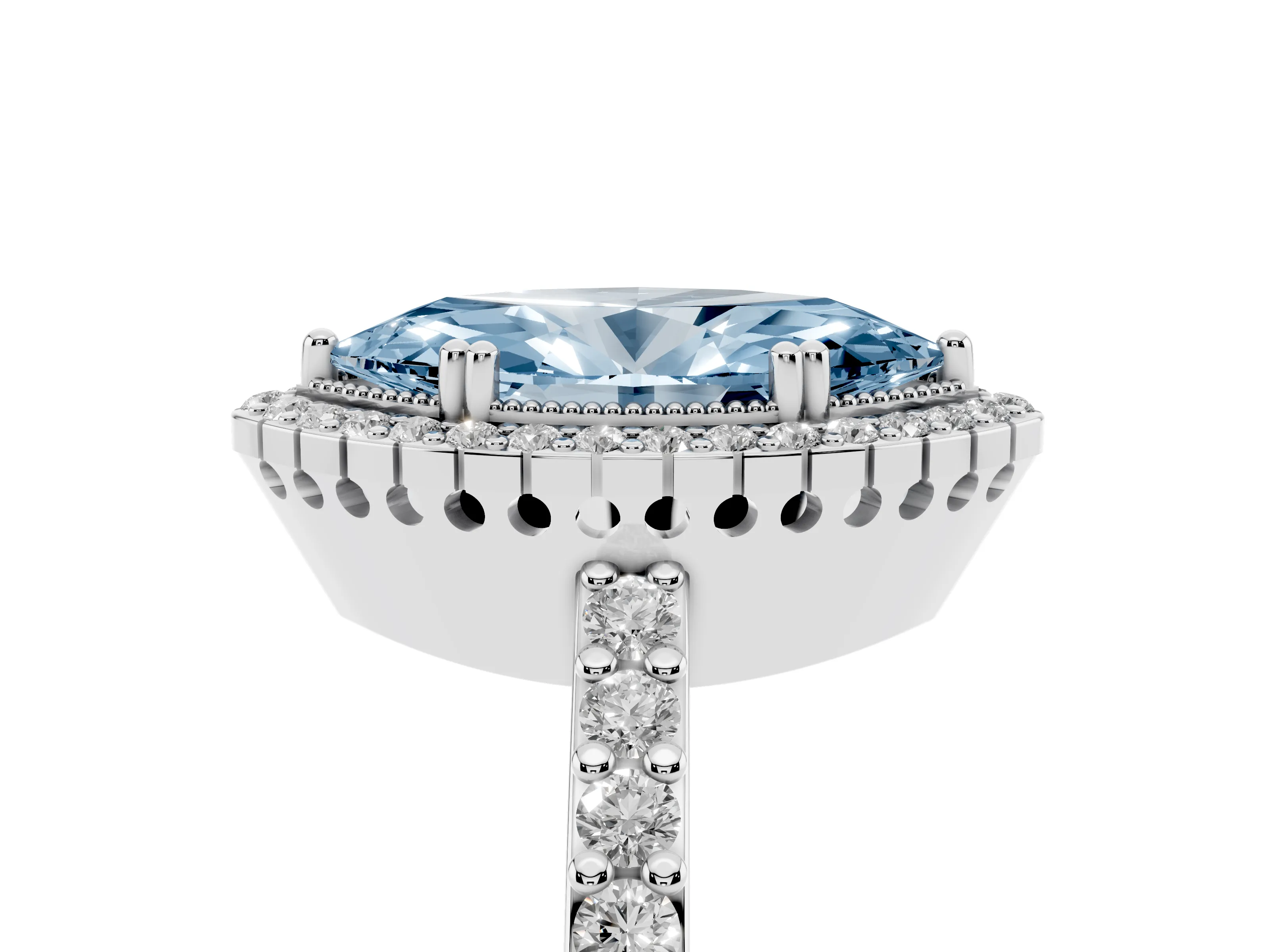 Fancy Blue Marquise Cut Diamond Halo Engagement Ring Set in Platinum with Milgrain Detail and Pavé Band