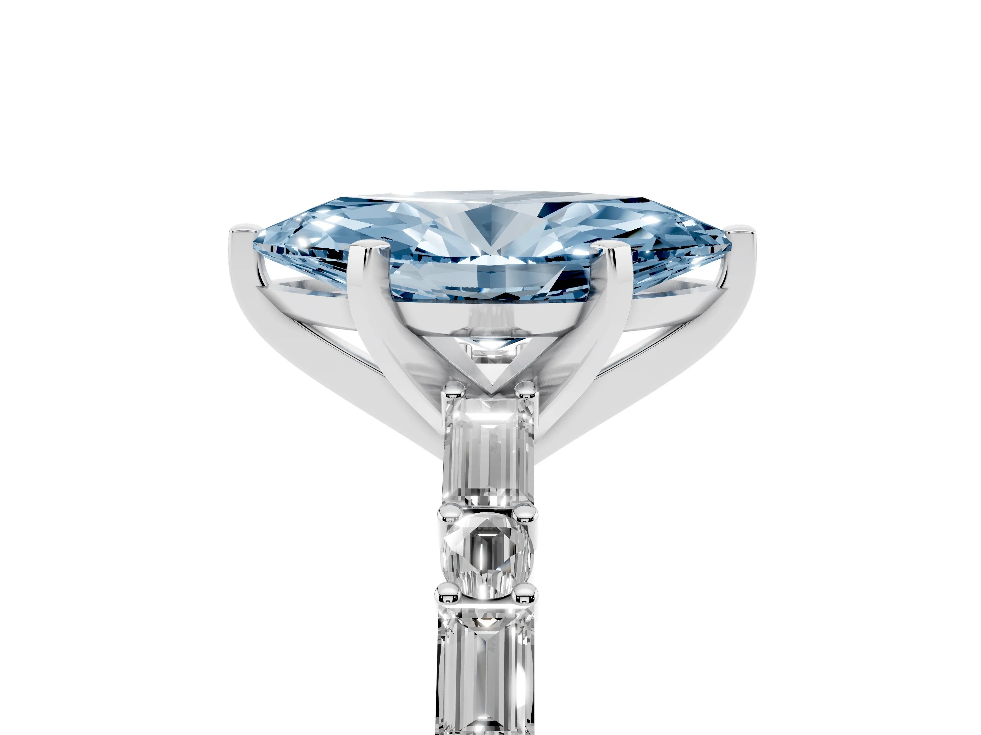 Fancy Blue Marquise Cut Diamond Solitaire Set in Silver with Side Baguettes and Channel Set Band