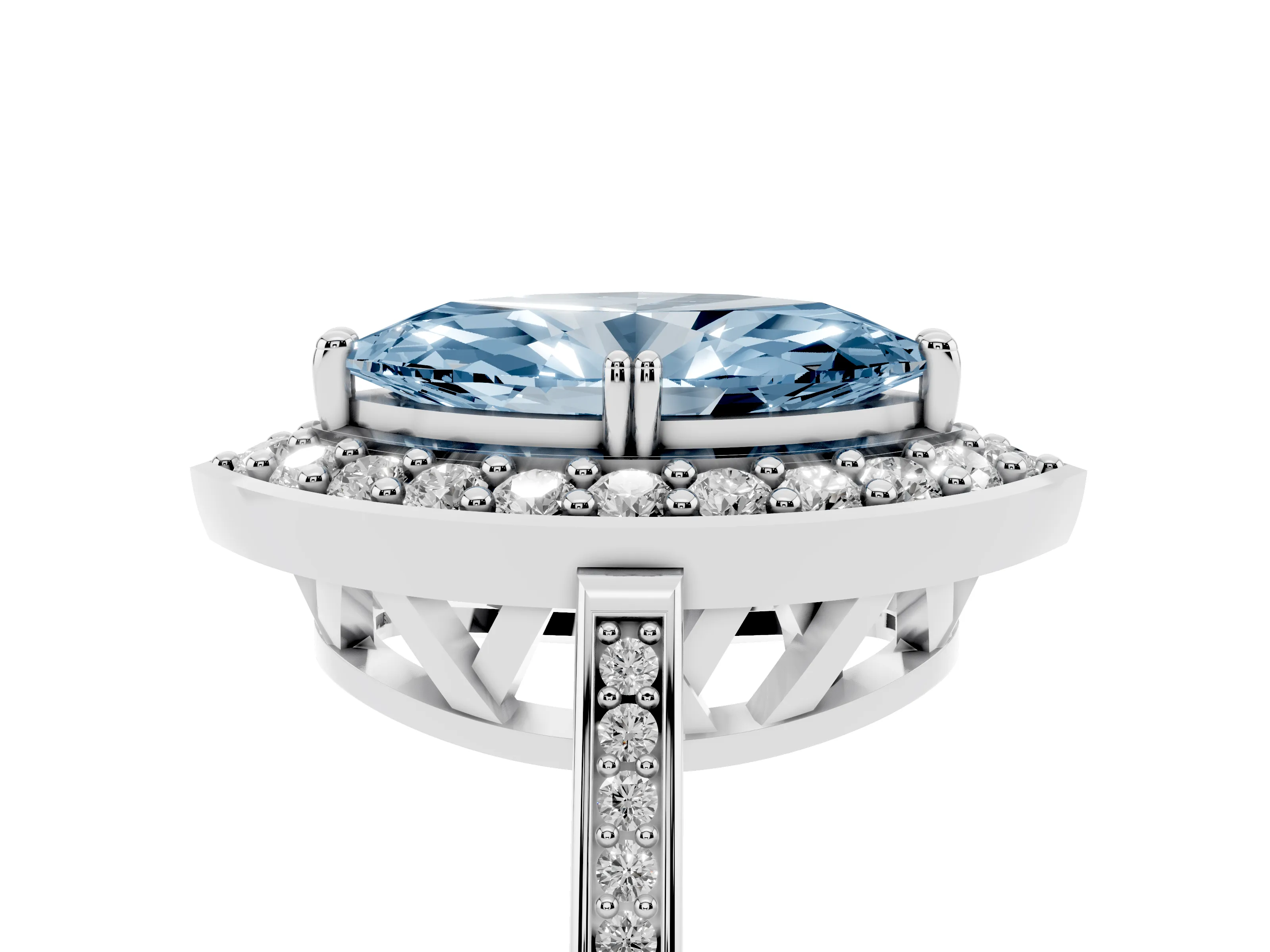 Fancy Blue Marquise Cut Diamond Halo Ring Set in Platinum with Accent-Lined Split Shank and Prong Setting