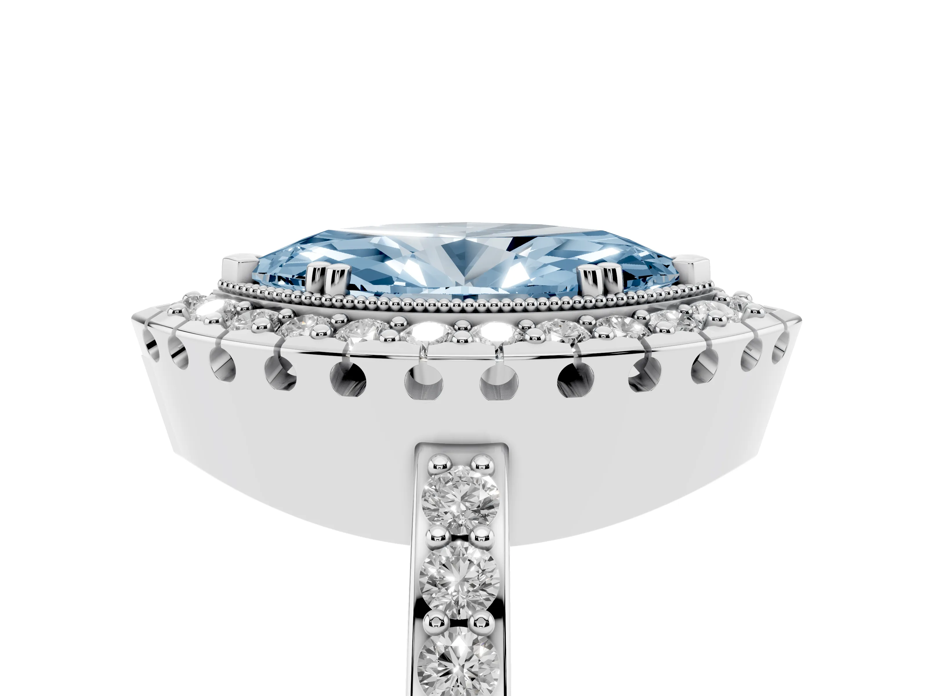 Fancy Blue Marquise Cut Diamond Halo Ring Set in White gold with Pavé Shank and Prong Setting