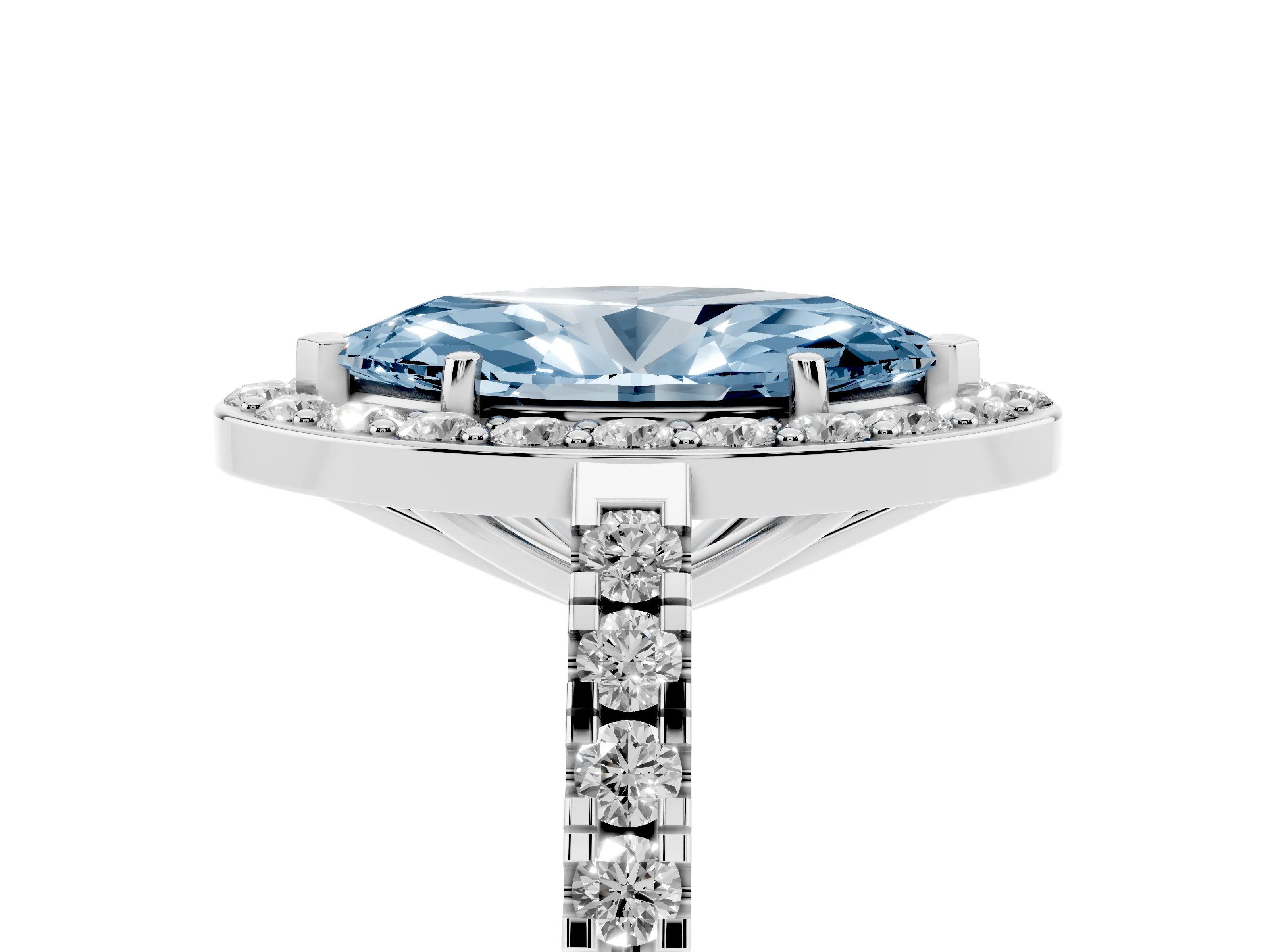 Fancy Blue Marquise Cut Diamond Halo Ring Set in White gold with Round Pavé Split Shank and Prong Setting