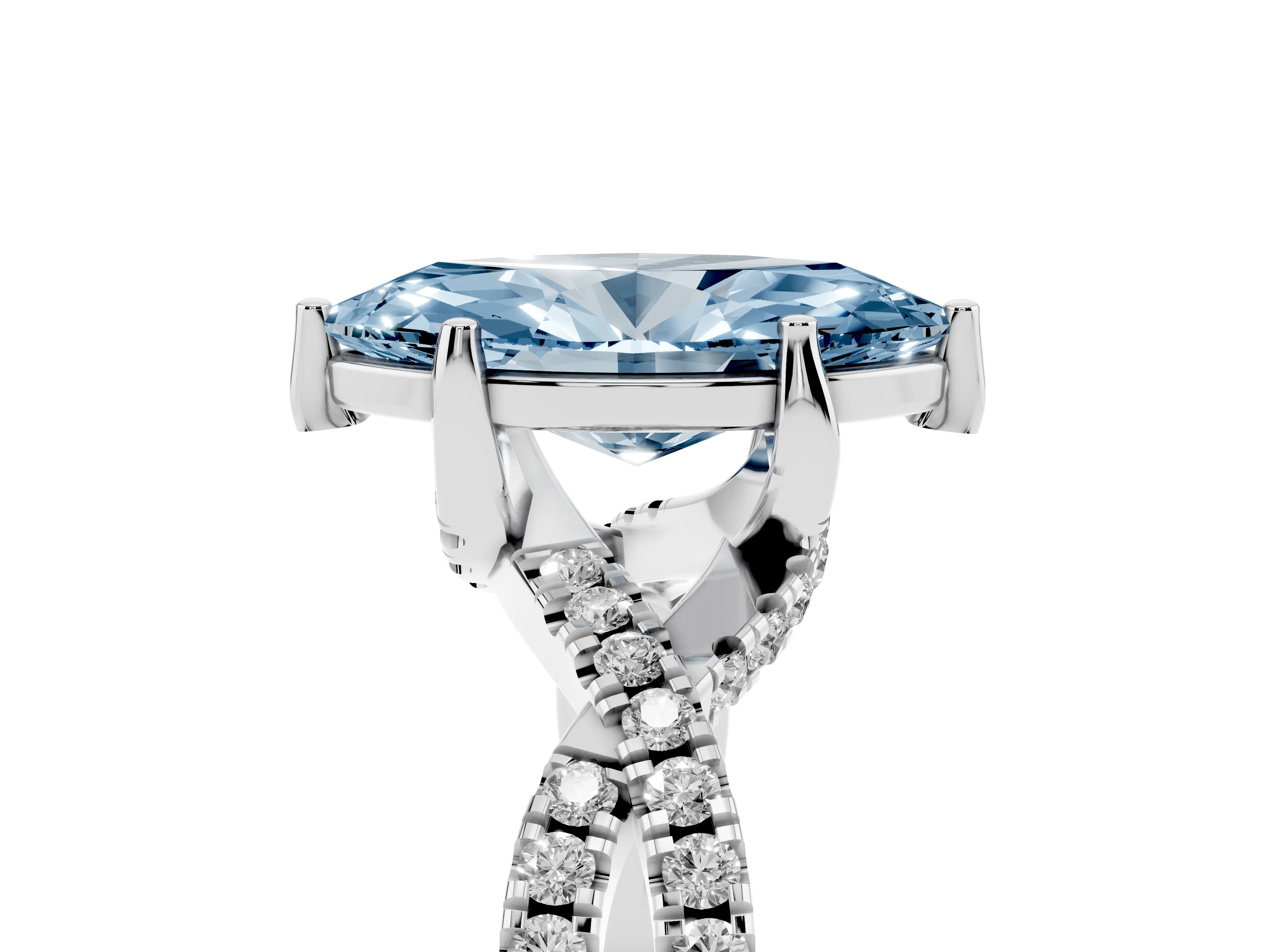 Fancy Blue Marquise Cut Diamond Twist Pavé Solitaire Engagement Ring Set in White gold with Prong Setting