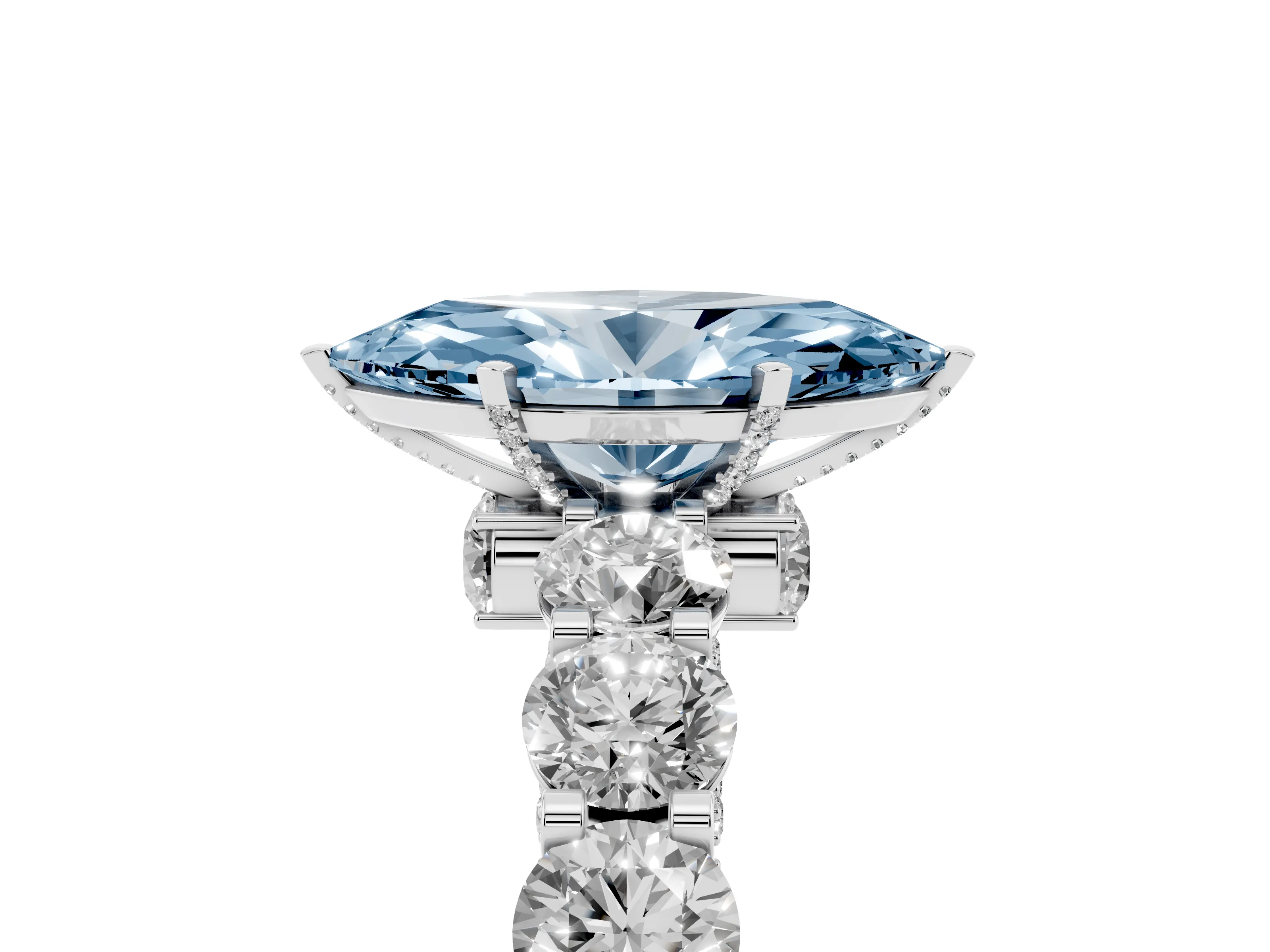Fancy Blue Marquise Cut Diamond Side Stone Ring Set in Silver with Alternating Round and Oval Side Stones