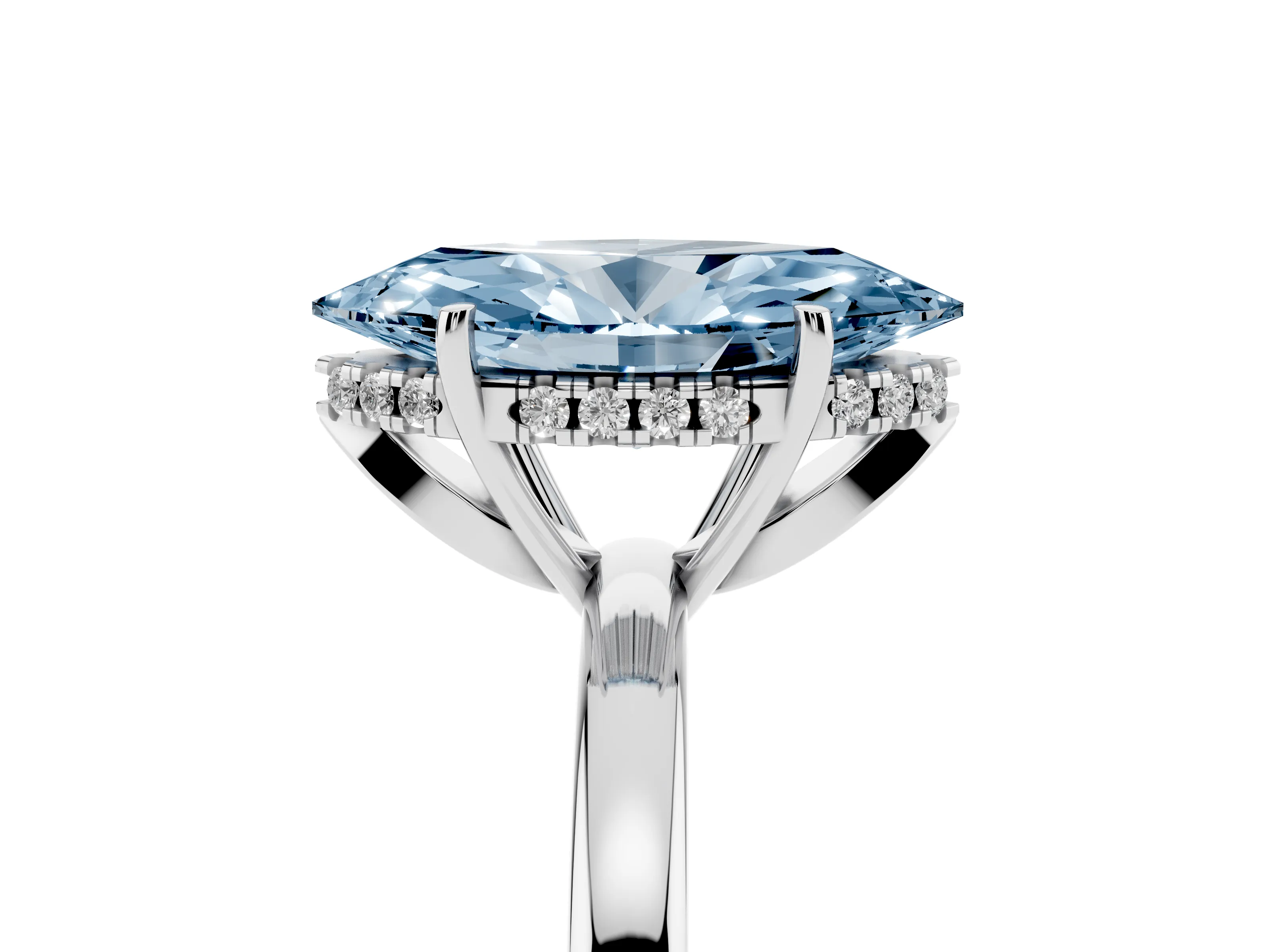 Fancy Blue Marquise Cut Diamond Solitaire Ring Set in Silver with Plain Band and Prong Setting