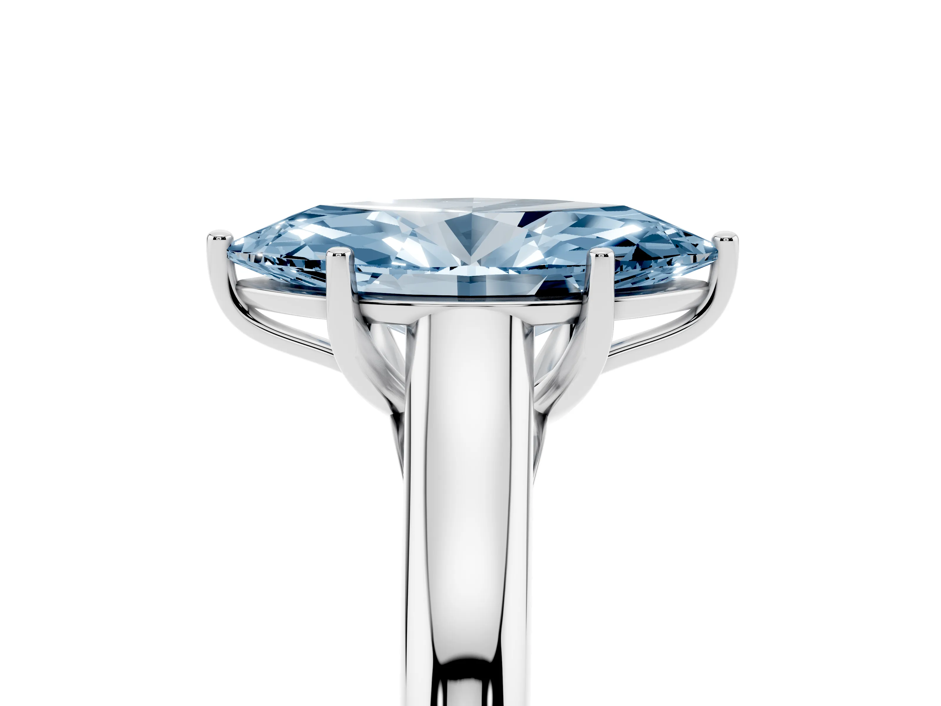 Fancy Blue Marquise Cut Diamond Solitaire Engagement Ring Set in White gold with Subtly Tapered Band and Prong Setting