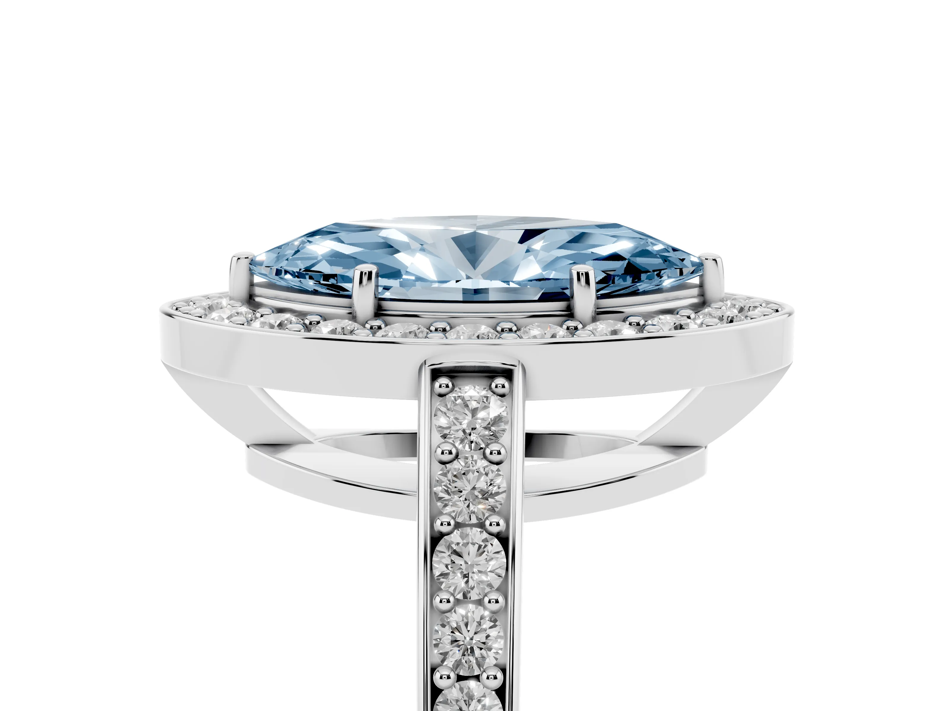 Fancy Blue Marquise Cut Diamond Halo Pavé Engagement Ring Set in Platinum with Bezel Setting