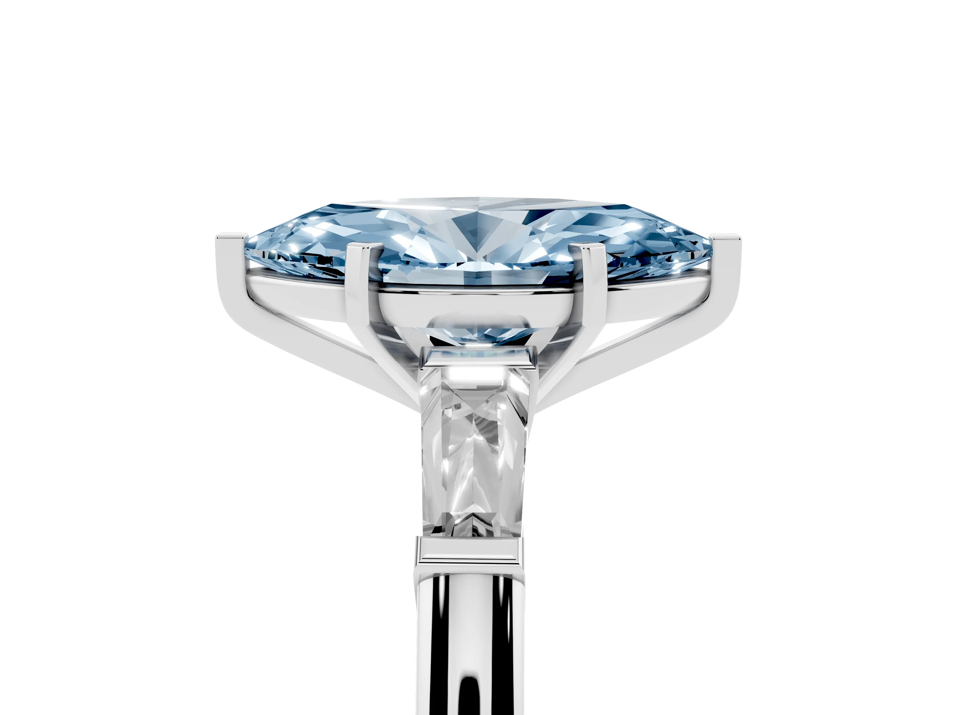 Fancy Blue Marquise Cut Diamond Solitaire Ring Set in Silver with Tapered Baguette Side Stones and Prong Setting