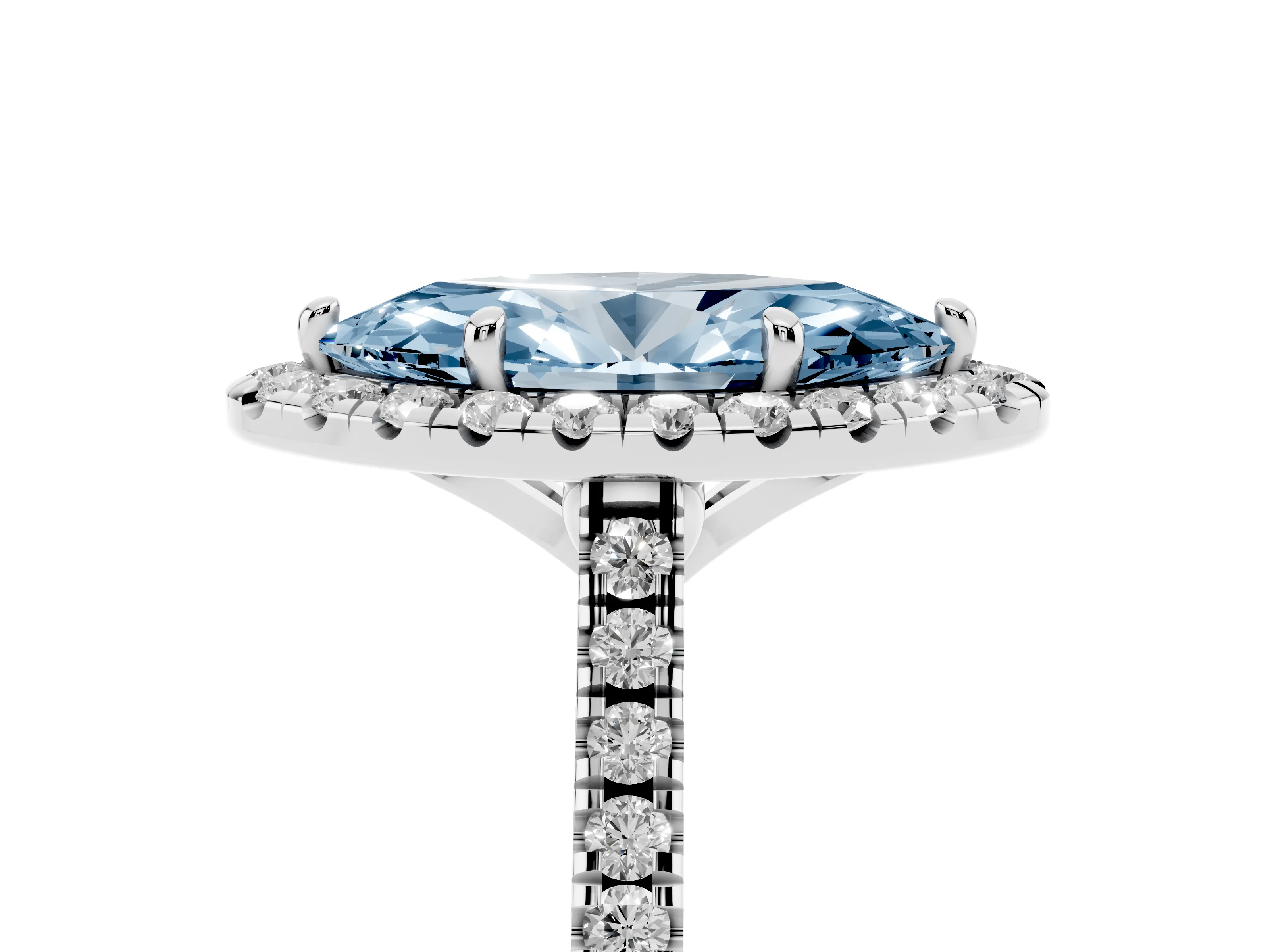 Fancy Blue Marquise Cut Diamond Cushion Halo Ring Set in White gold with Pavé Band