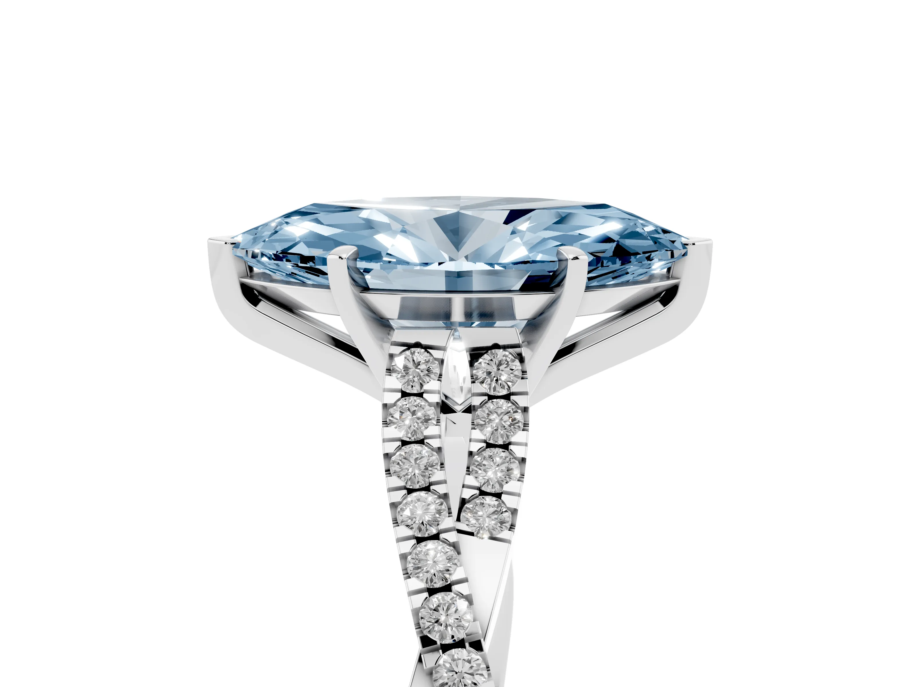 Fancy Blue Marquise Cut Diamond Solitaire Engagement Ring Set in White gold with Twisted Pavé Band and Prong Setting
