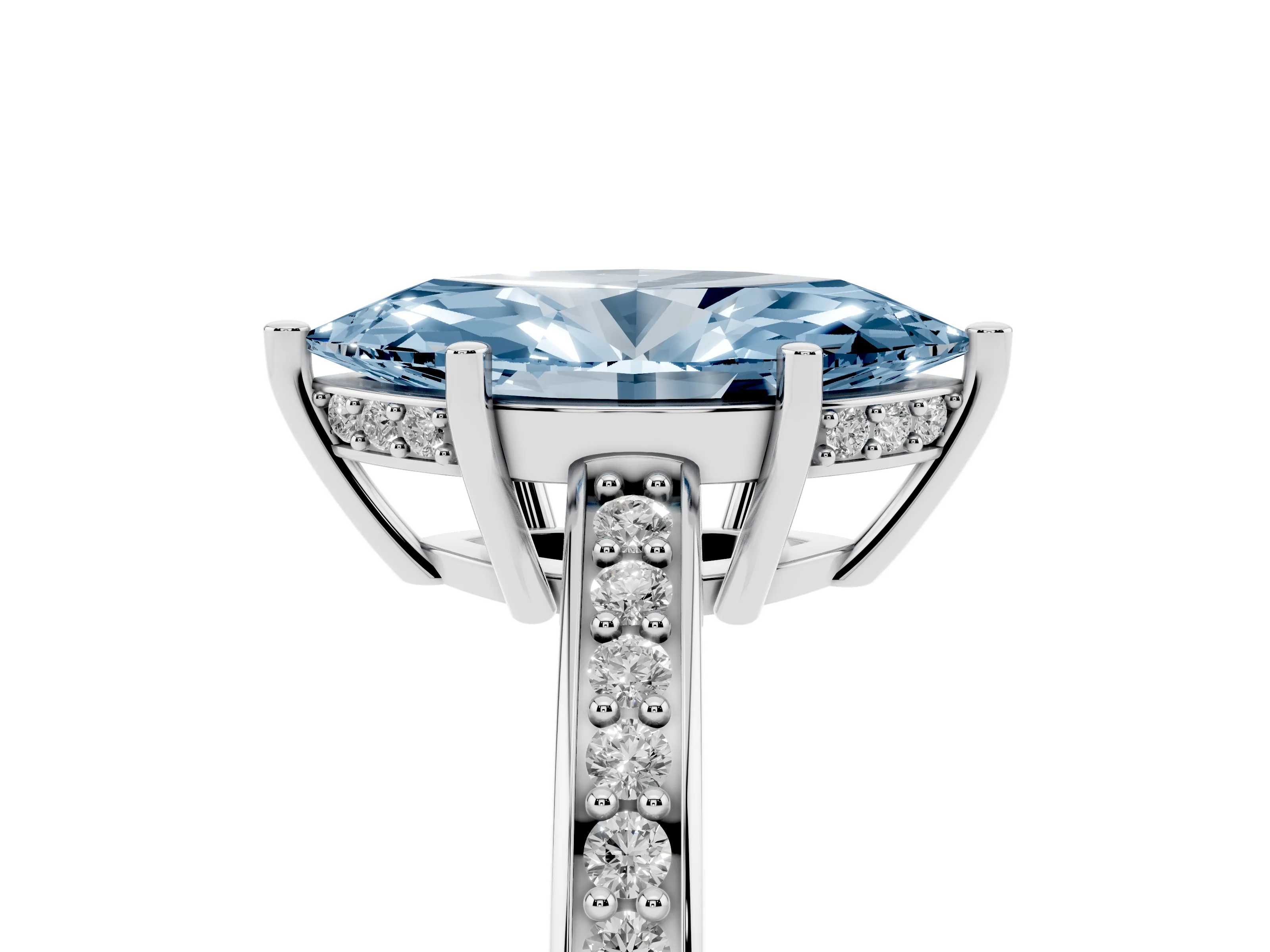 Fancy Blue Marquise Cut Diamond Pavé Band Prong Set Solitaire Ring Set in Platinum