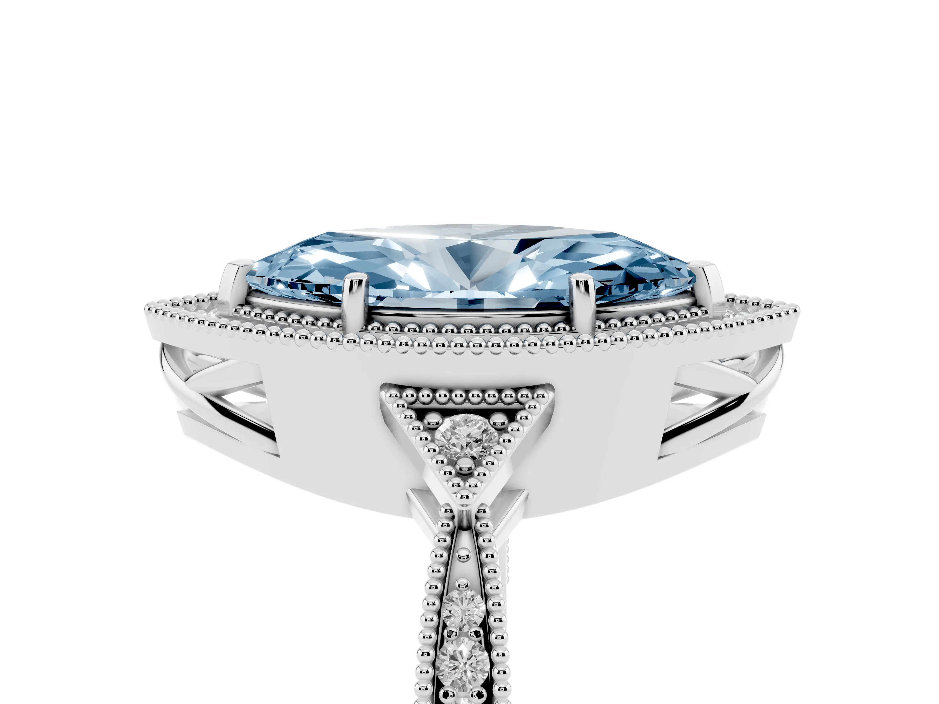 Fancy Blue Marquise Cut Diamond Halo Engagement Ring Set in Platinum with Milgrain Pavé Band