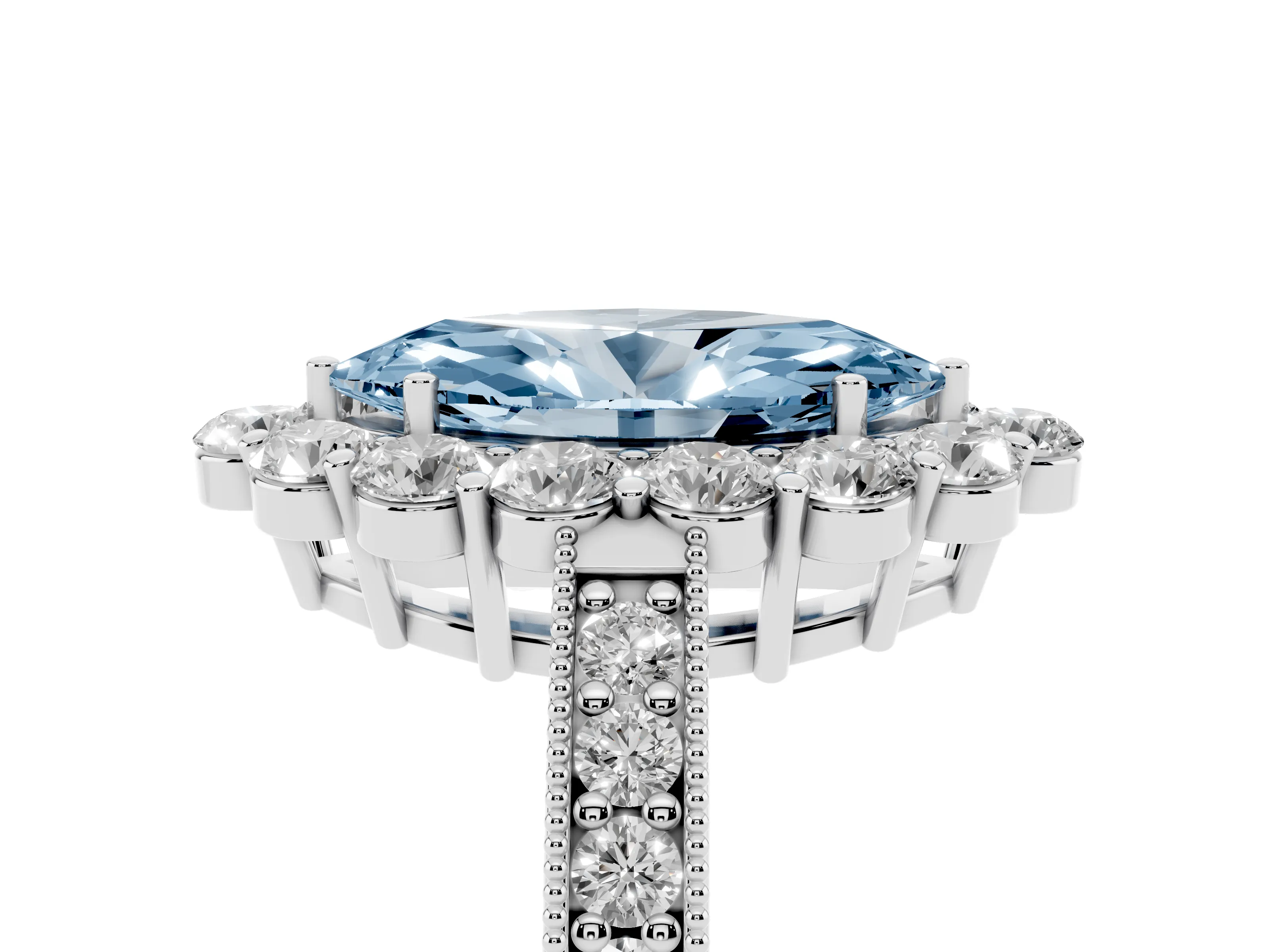 Fancy Blue Marquise Cut Diamond Halo Pavé Engagement Ring Set in Platinum with Milgrain Detailing