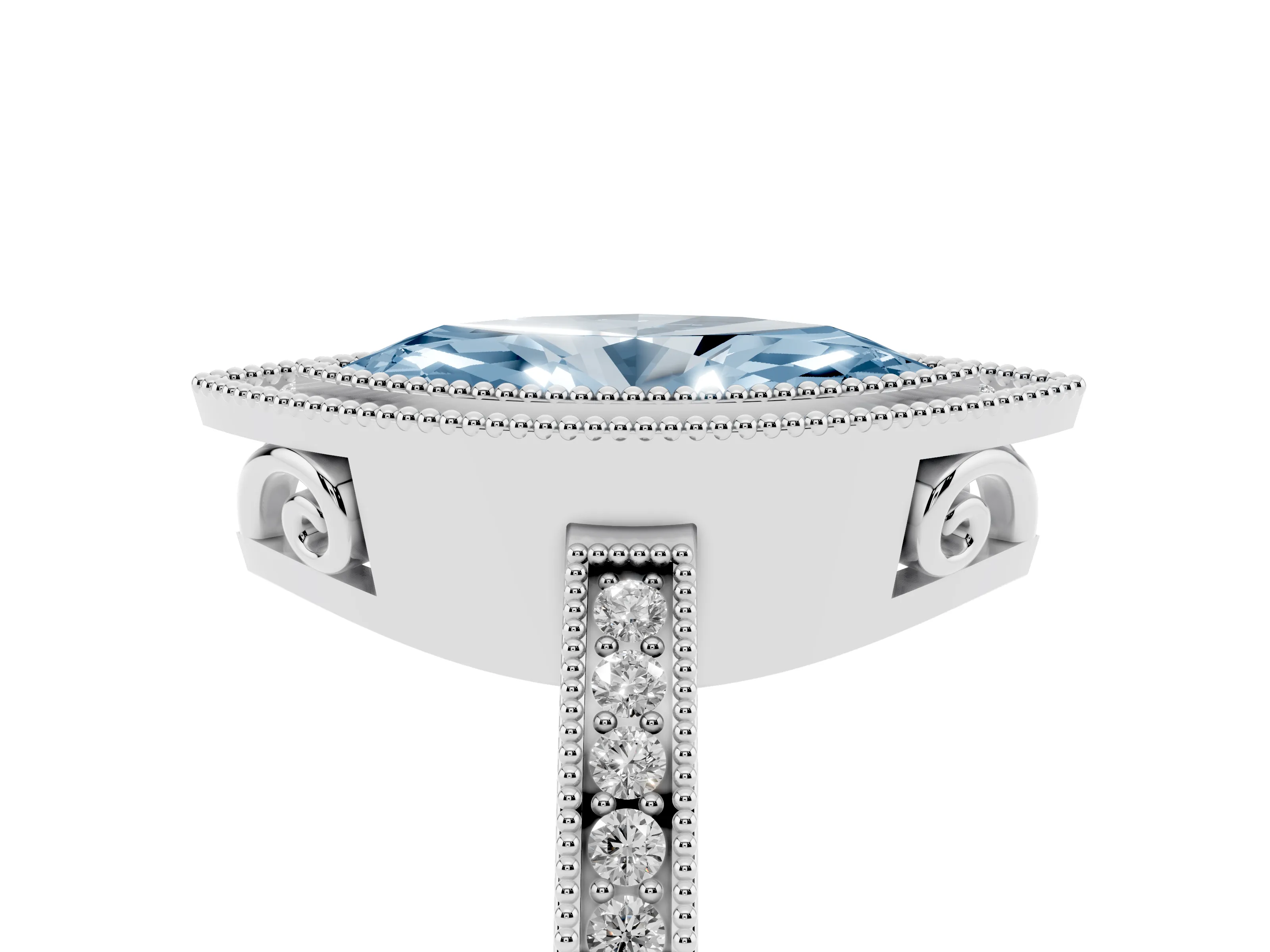 Fancy Blue Marquise Cut Diamond Halo Ring Set in White gold with Pavé Band and Milgrain-Edged Prongs