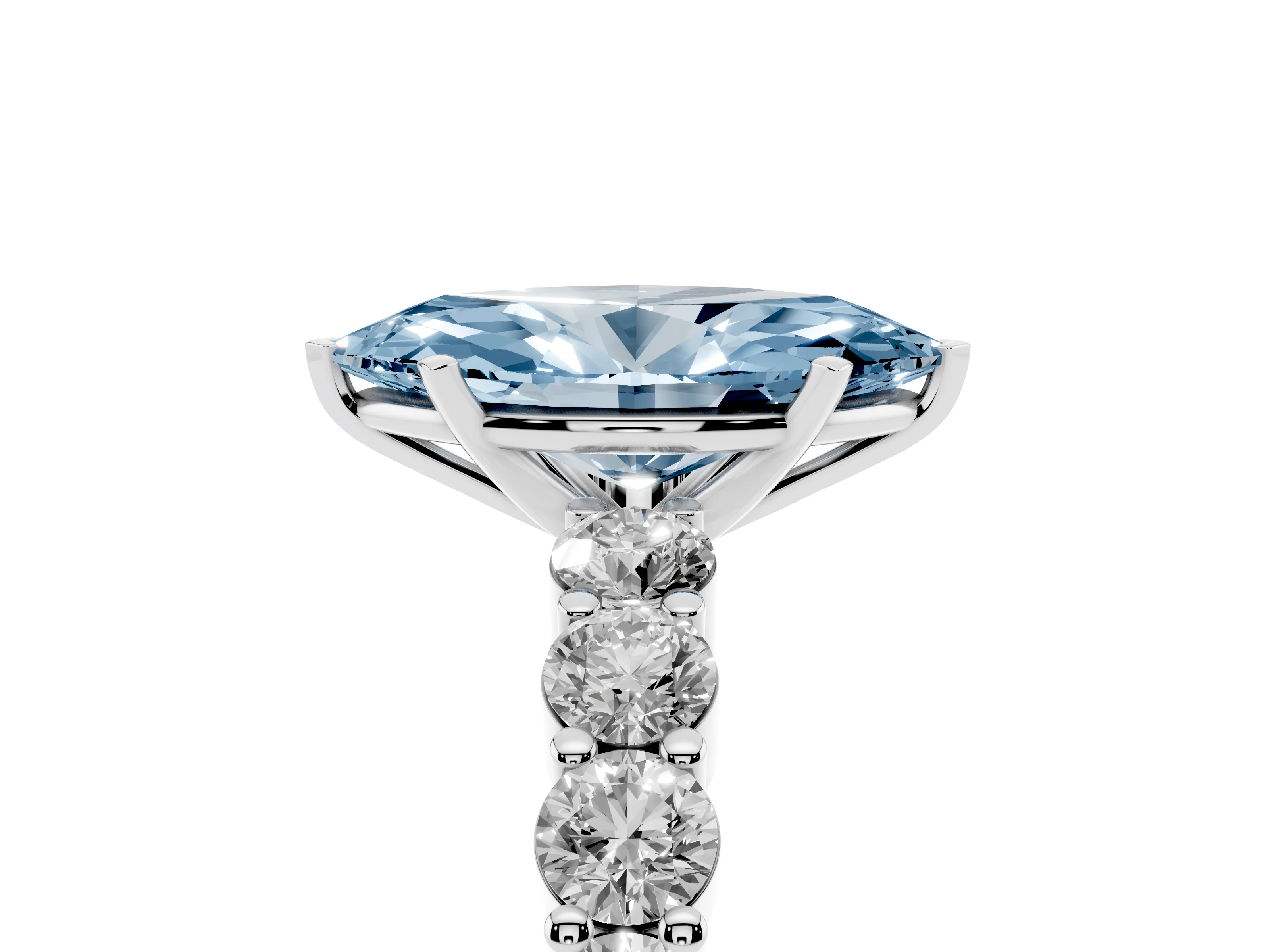 Fancy Blue Marquise Cut Diamond Solitaire Ring Set in White gold with Shared Prong Round Side Stones