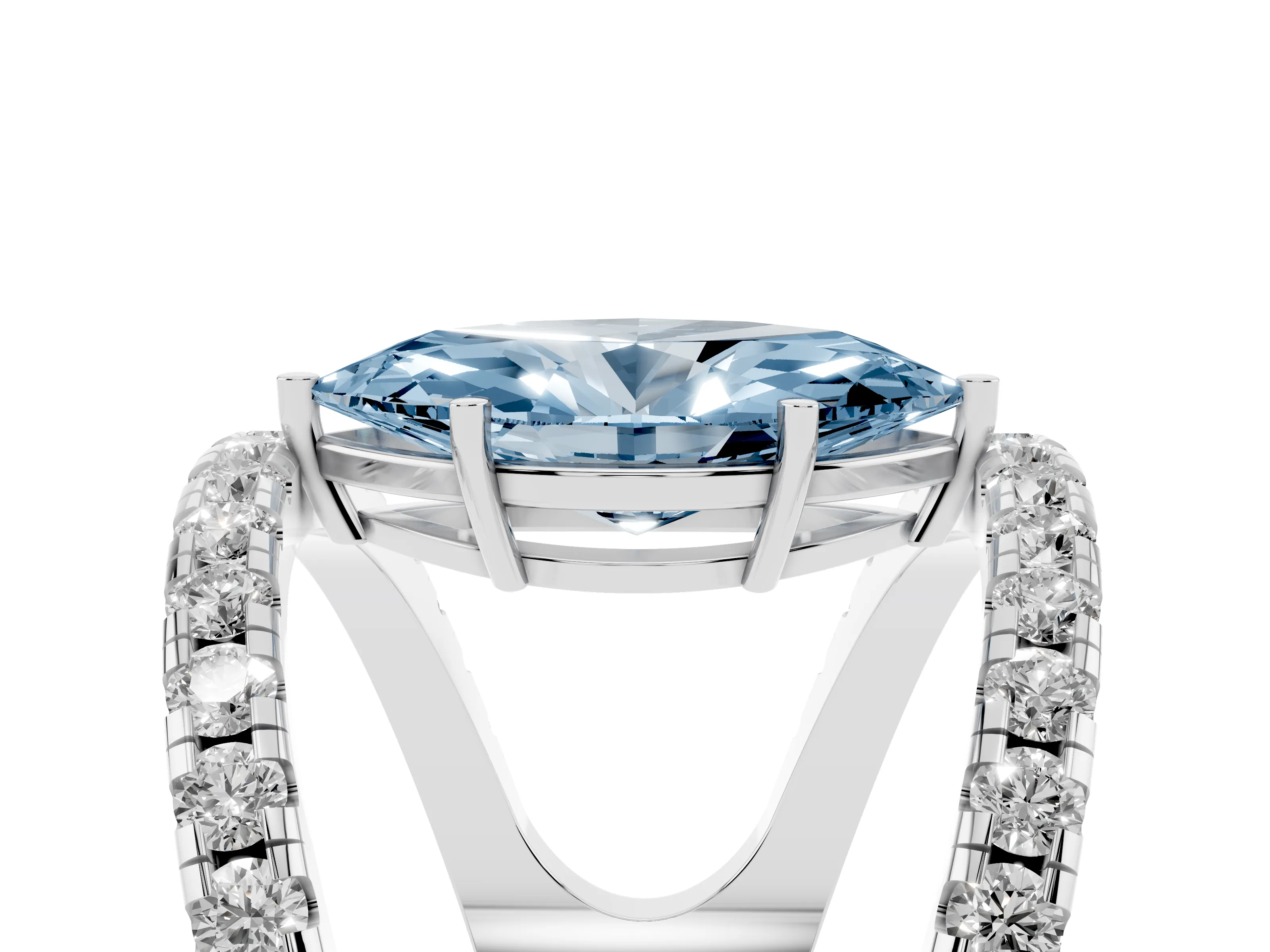 Fancy Blue Marquise Cut Diamond Split Shank Pavé Solitaire Ring Set in Platinum with Open Shank Design