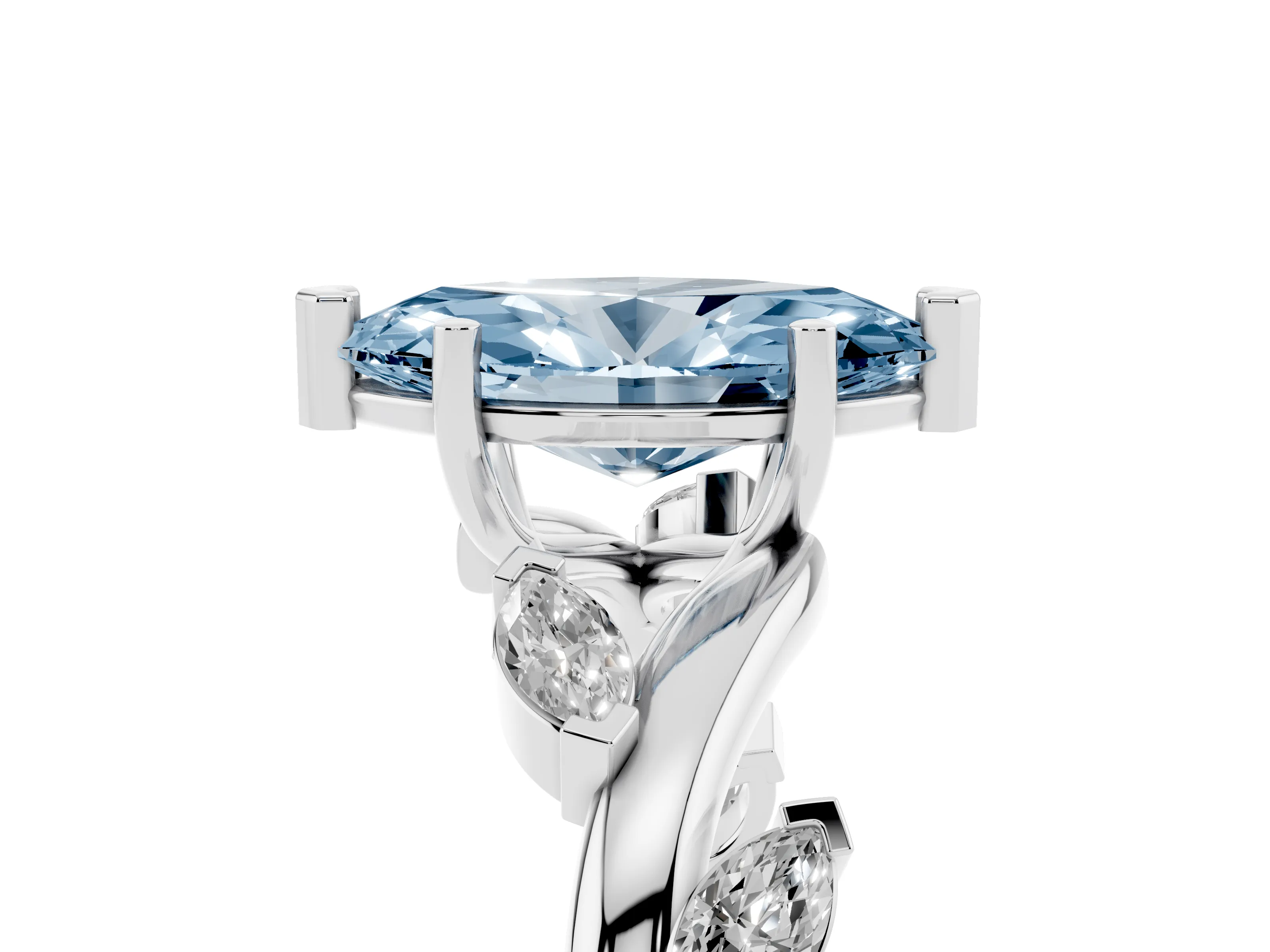 Fancy Blue Marquise Cut Diamond Solitaire Ring Set in White gold with Twisted Marquise Accent Band