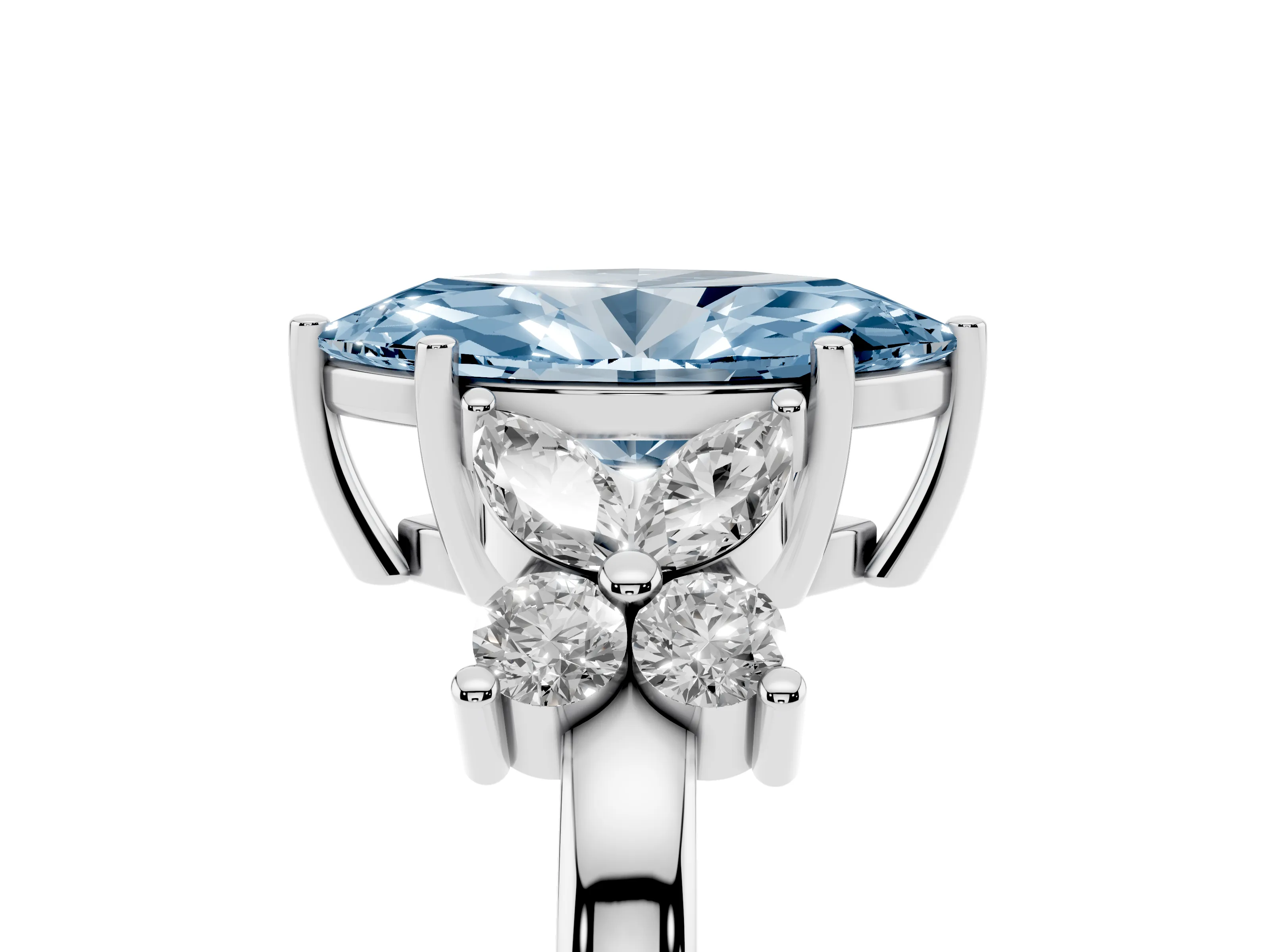 Fancy Blue Marquise Cut Diamond Floral Cluster Ring Set in Silver with Marquise Petals and Prong Setting