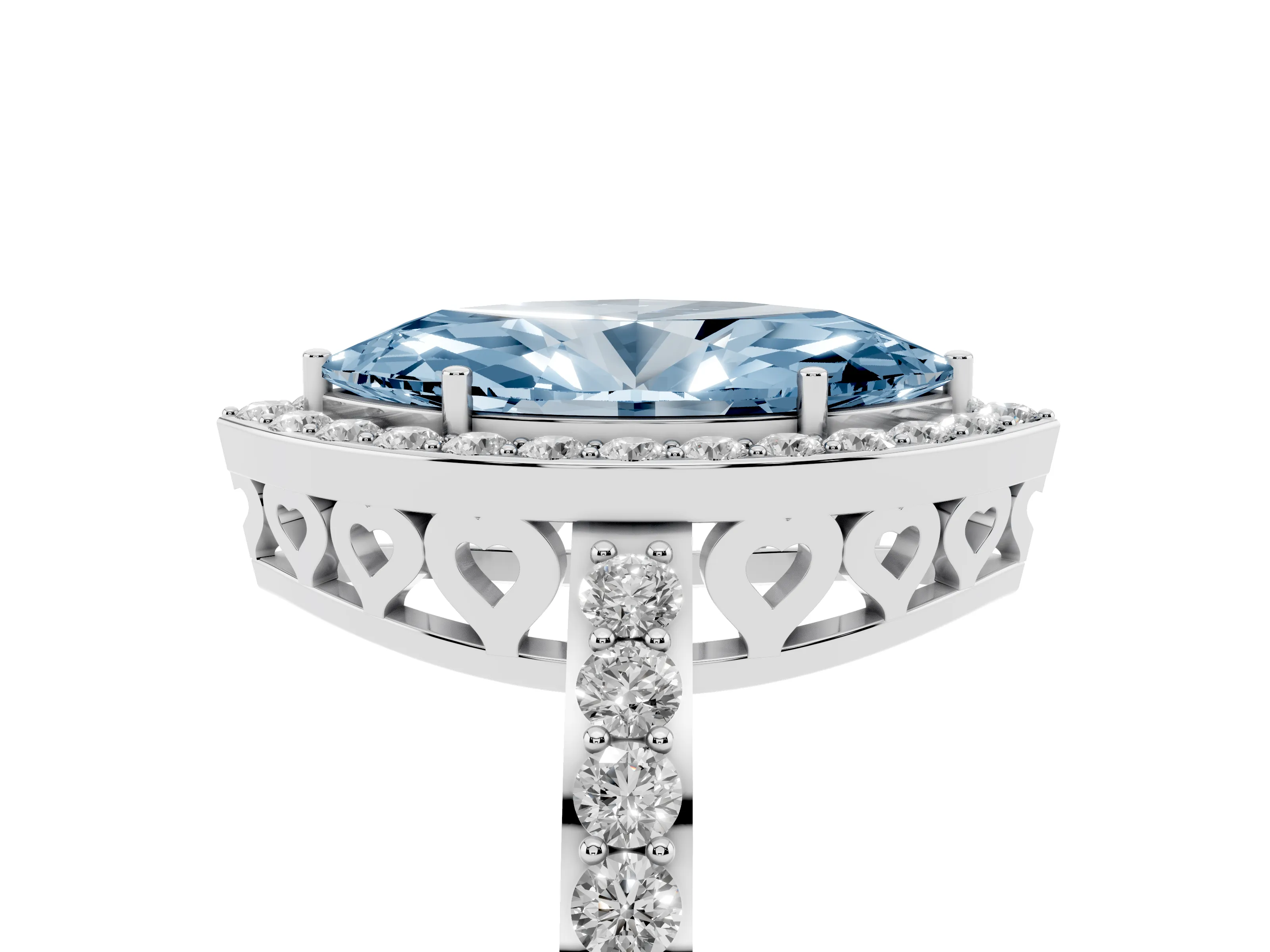 Fancy Blue Marquise Cut Diamond Halo Ring Set in White gold with Pavé-Setting Band and Open Prong Center